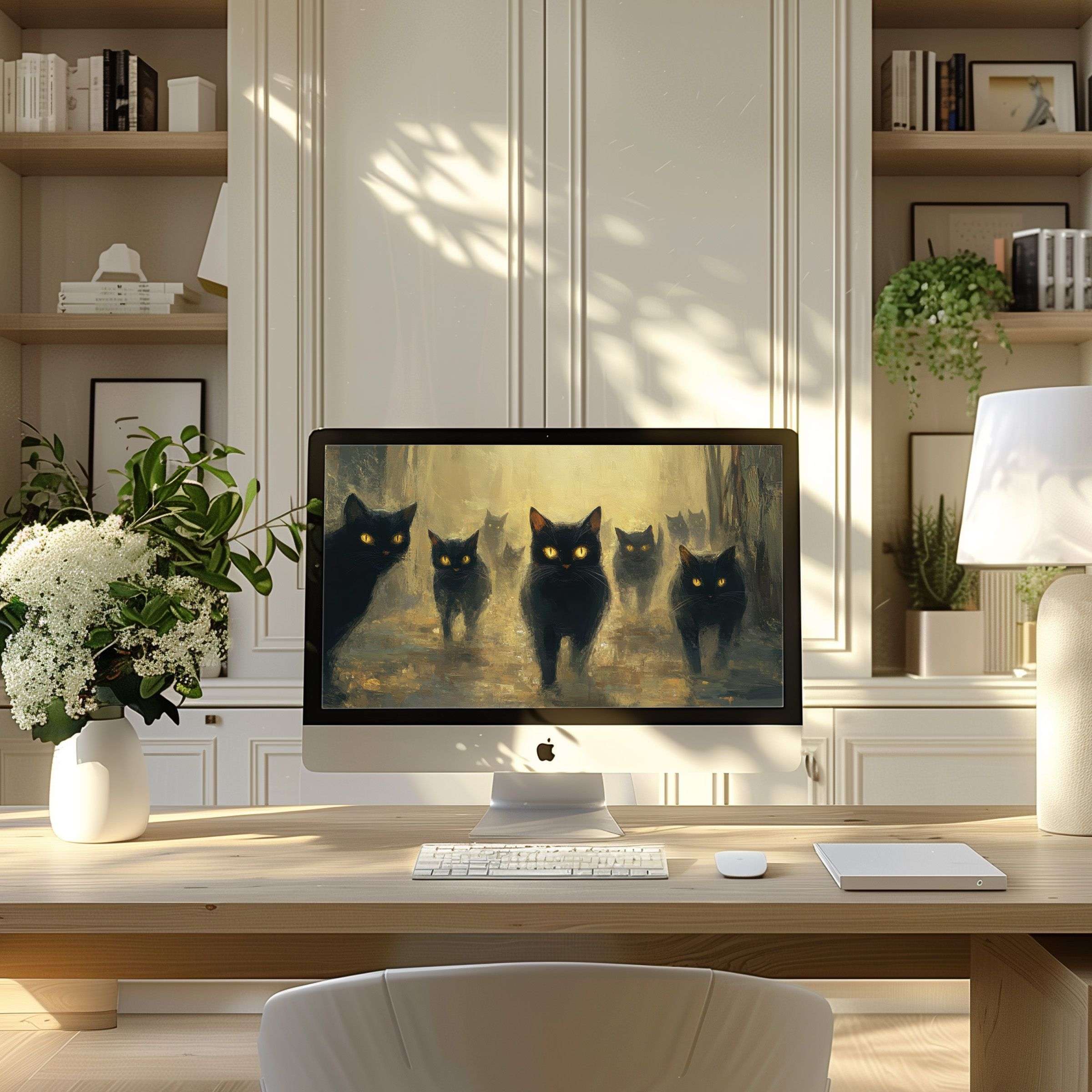 Elegant black cat artwork wallpaper for computer, PC, and laptop in a modern home office inspires calm and stylish serenity