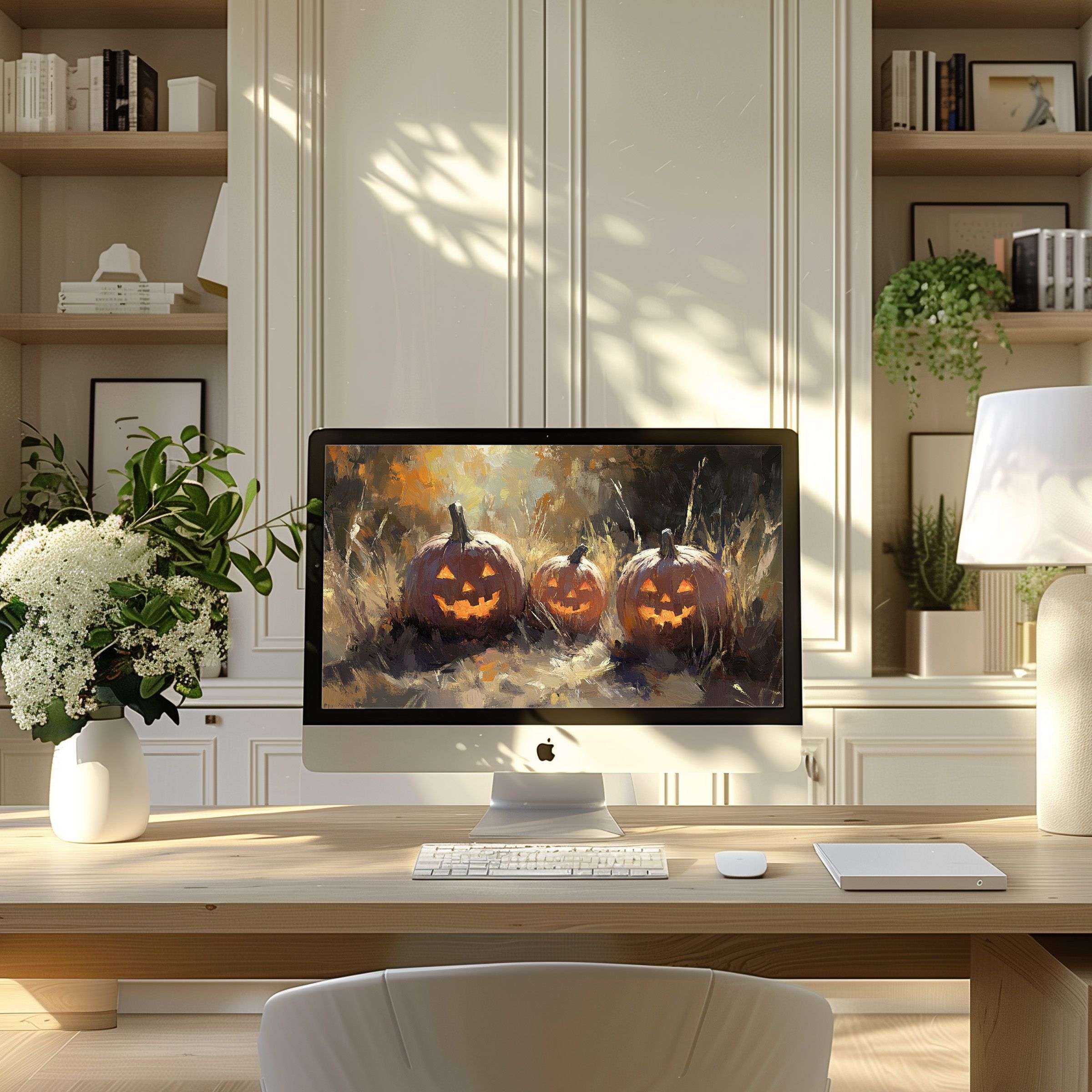 Vibrant autumn pumpkin art wallpaper for computer on PC and laptop enhances modern home office with calm elegance and inspiration