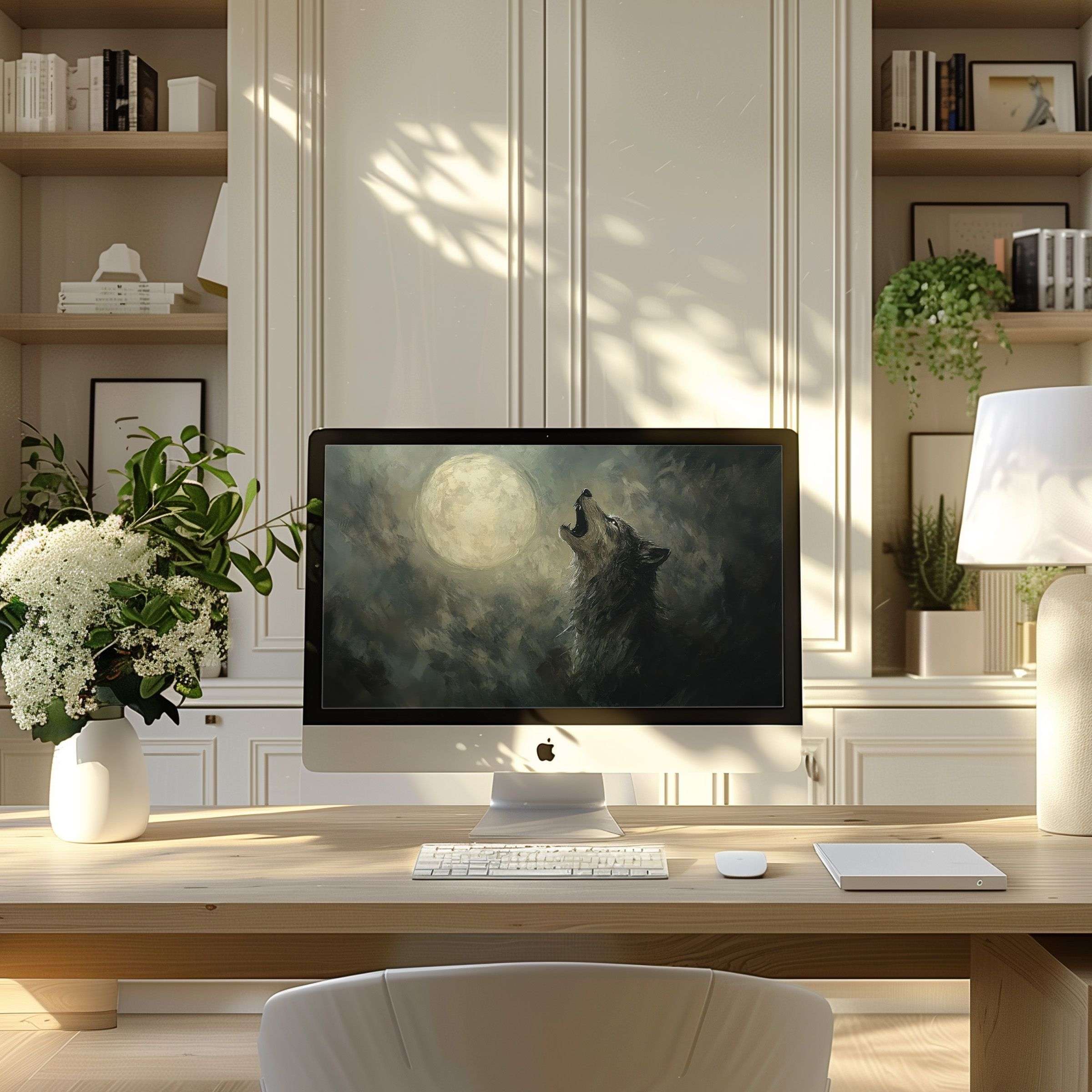 Elegant wolf moon digital art on a PC monitor, perfect wallpaper for computer, laptop, inspiring calm in a modern home office