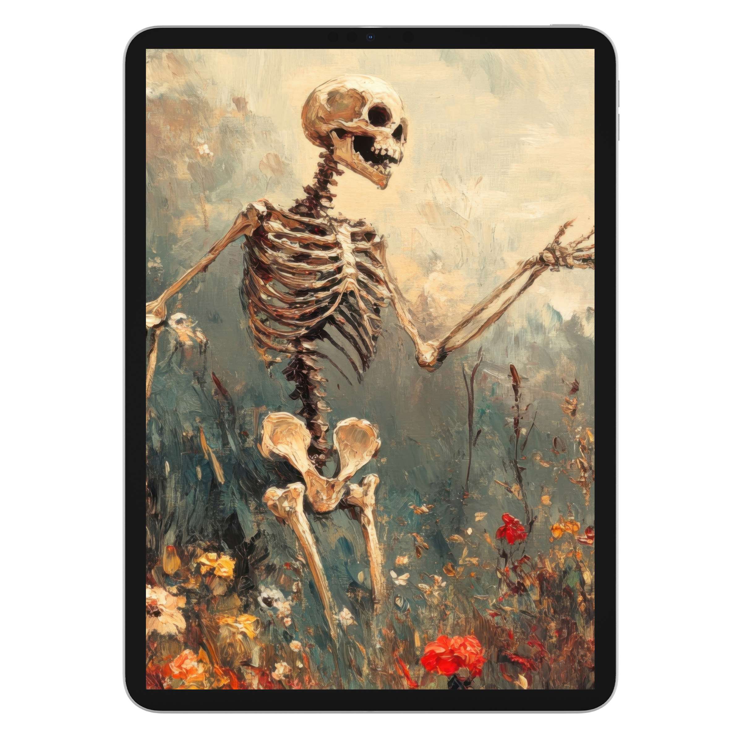 Ethereal halloween iPad wallpaper with a skeleton in vibrant autumnal fields offers a unique digital download background for all tablets