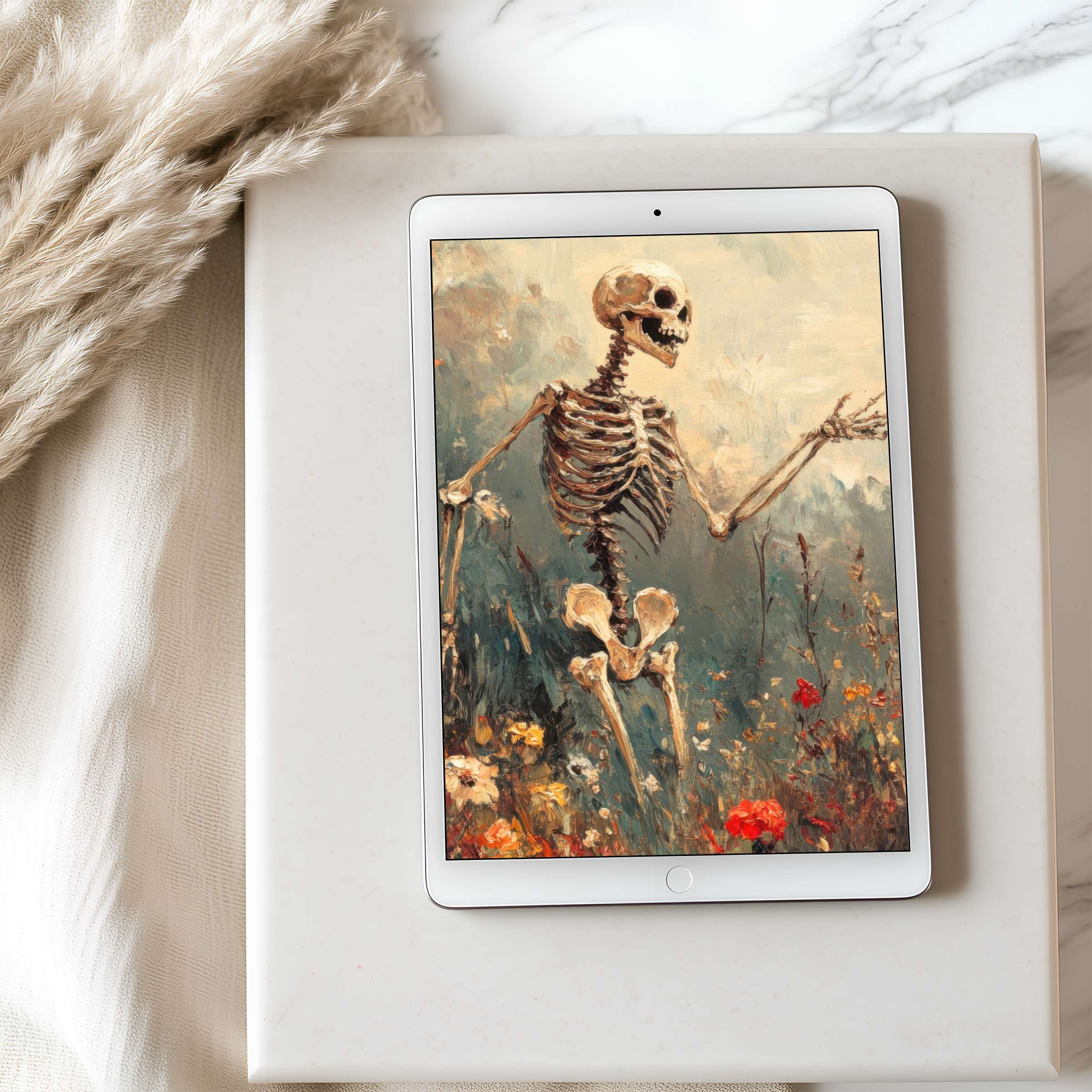 Skeleton in a floral field, offering tranquility with earthy tones—a curated tablet wallpaper for high resolution iPad or Android download