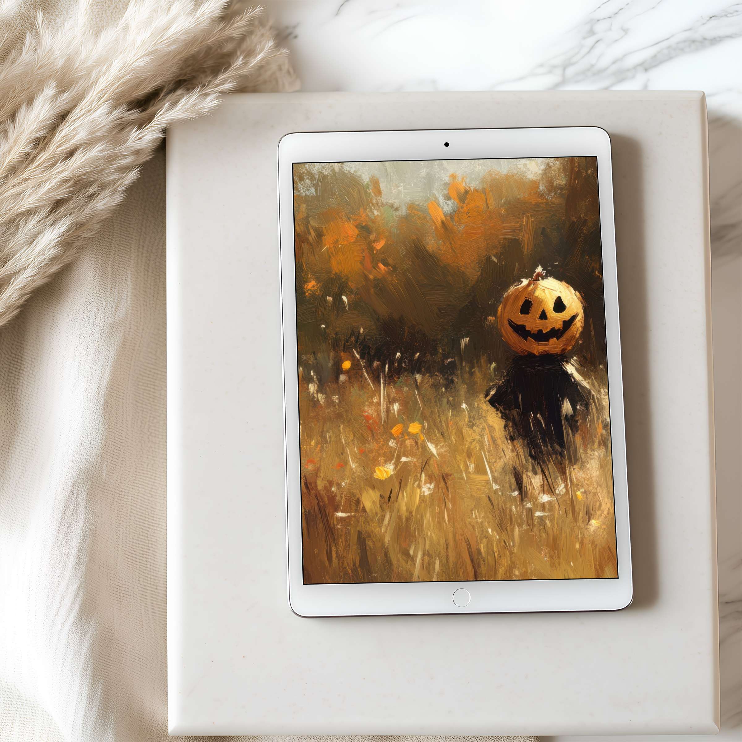 Elegant autumn tablet wallpaper featuring a pumpkin motif in warm hues suitable for iPad high resolution digital download enhancing tranquility