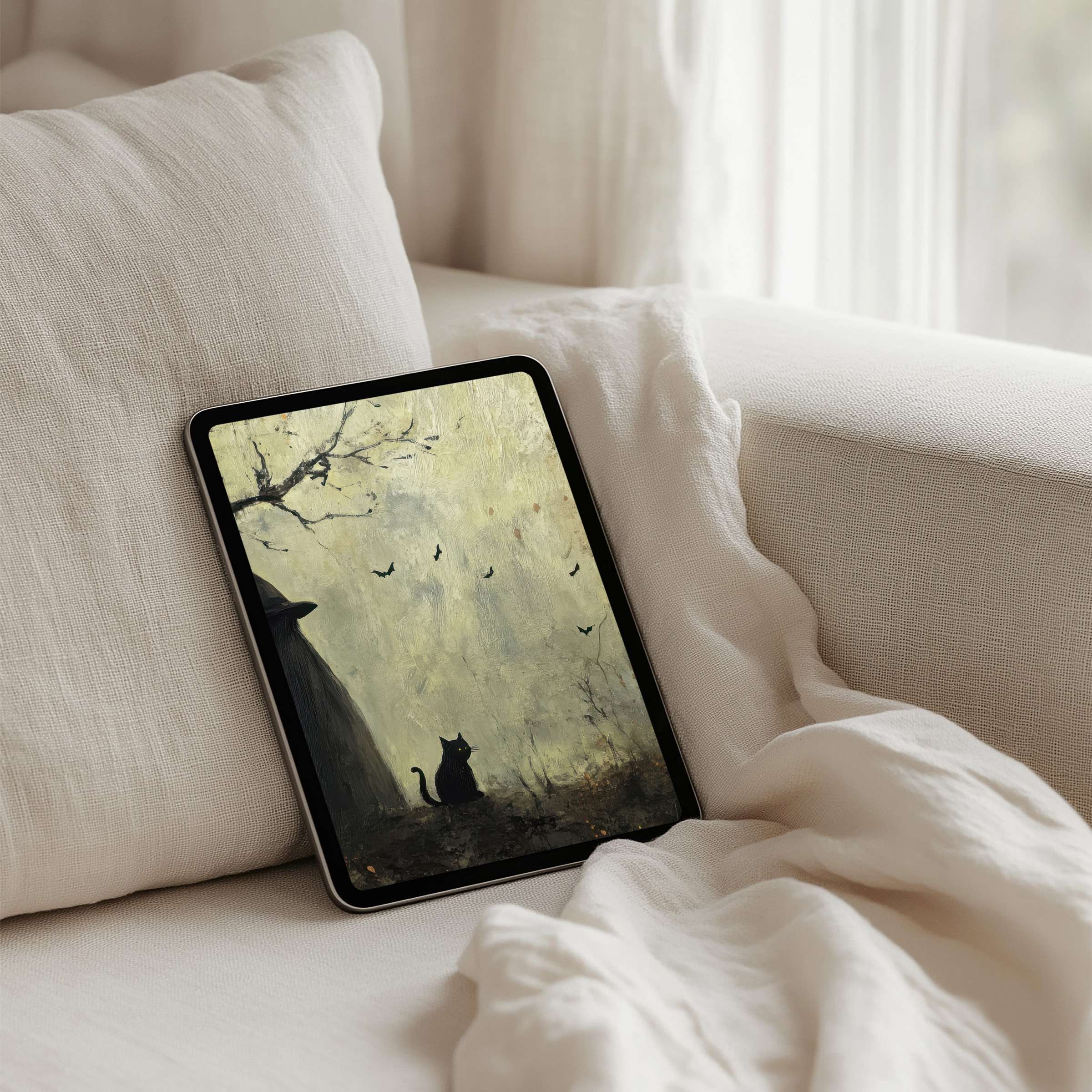 Enchanting forest iPad background with silhouette cat evokes calm elegance ideal for instant download on tablets like Samsung or Android