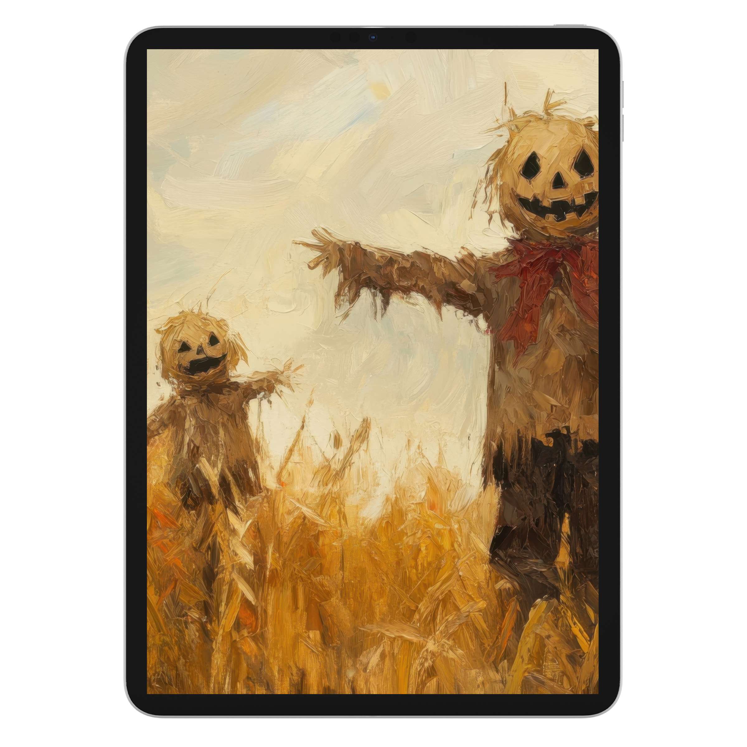 Halloween iPad wallpaper featuring artistic scarecrows in a soft autumn field painted style, perfect digital download for tablet background