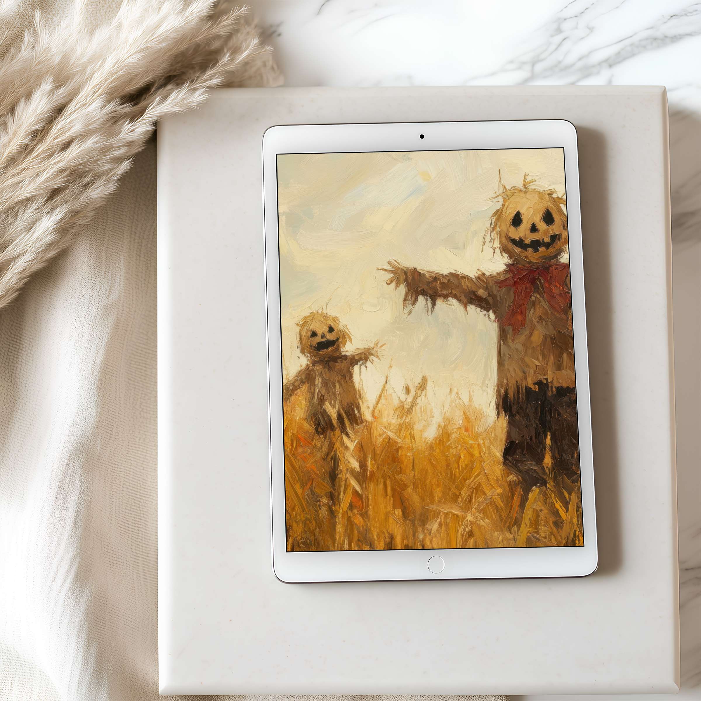 Elegant tablet wallpaper featuring a charming autumnal scarecrow scene in warm hues, perfect for calming iPad displays, digital download