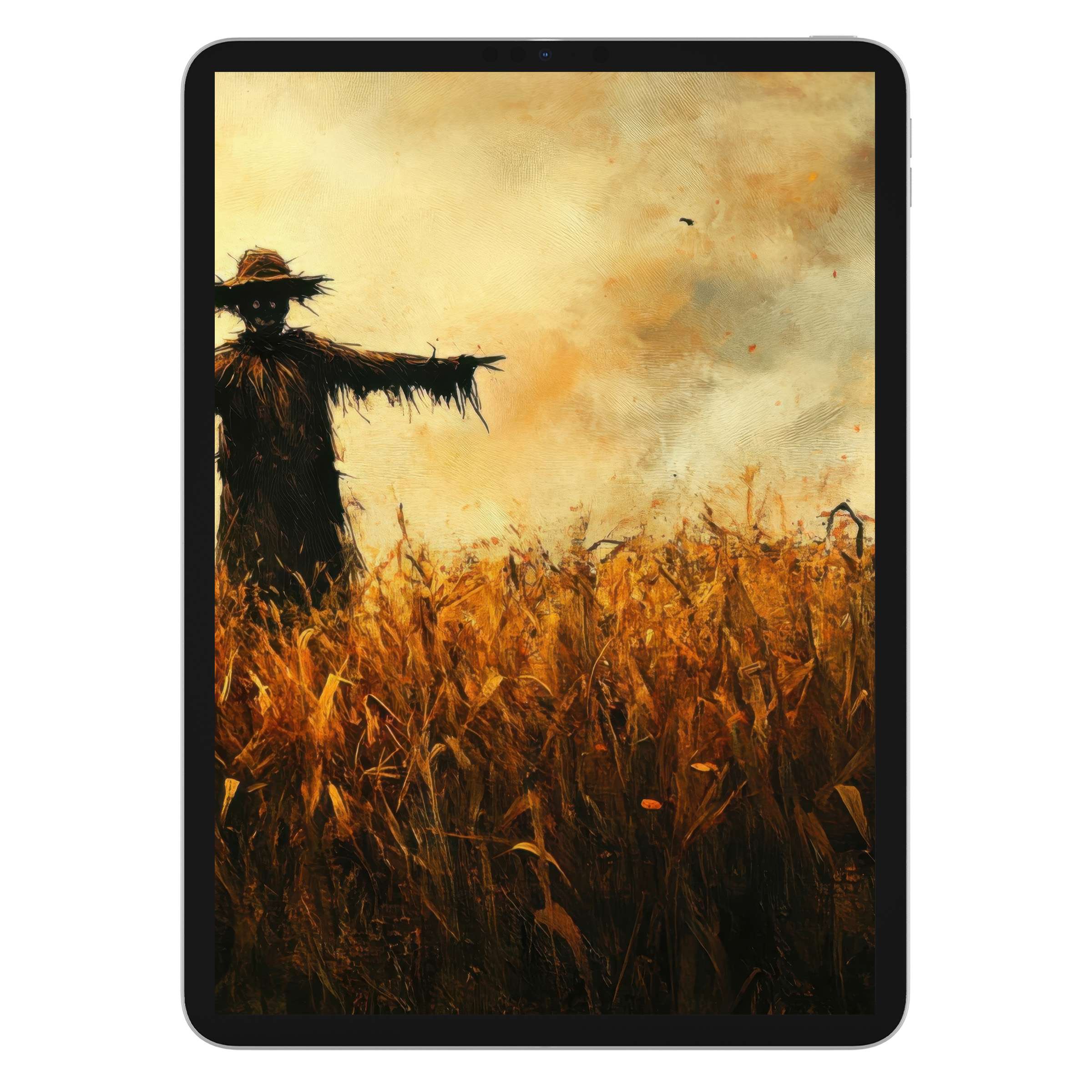 Halloween iPad wallpaper featuring a haunting scarecrow in a golden field, perfect digital download background for tablets and phones