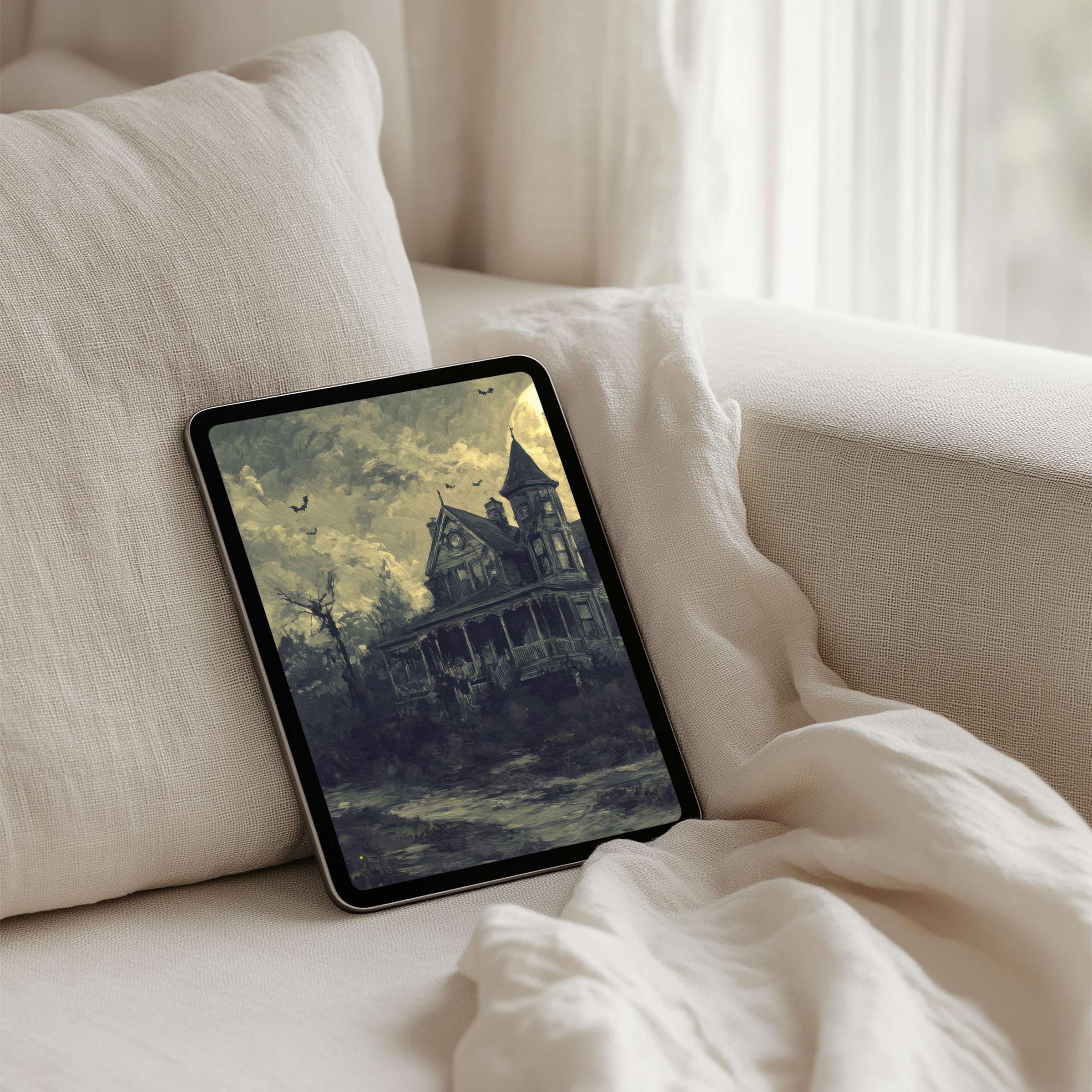 Enchanting iPad background art of a mystical mansion exudes calm, mindfulness, perfect for tablet instant download users seeking elegance