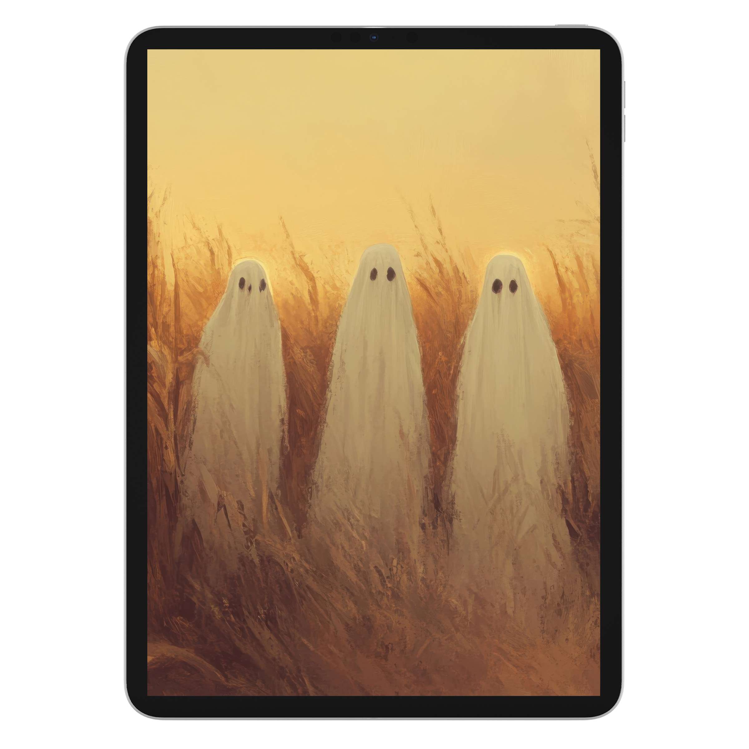 Elegant halloween iPad wallpaper depicting soft ghostly figures in a serene field setting perfect digital download for tablet background