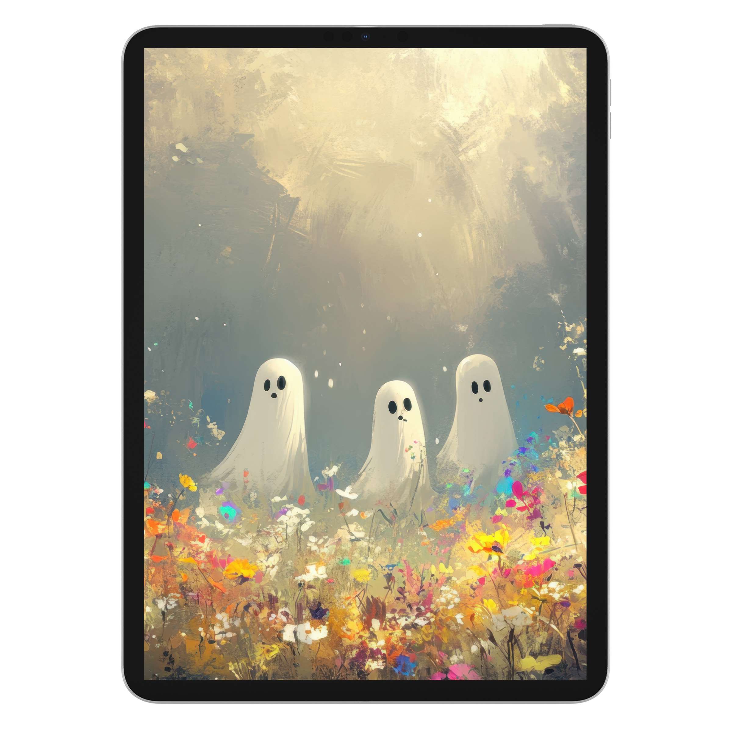 Ethereal halloween iPad wallpaper with whimsical ghosts and vibrant flowers, perfect digital download for calming tablet background