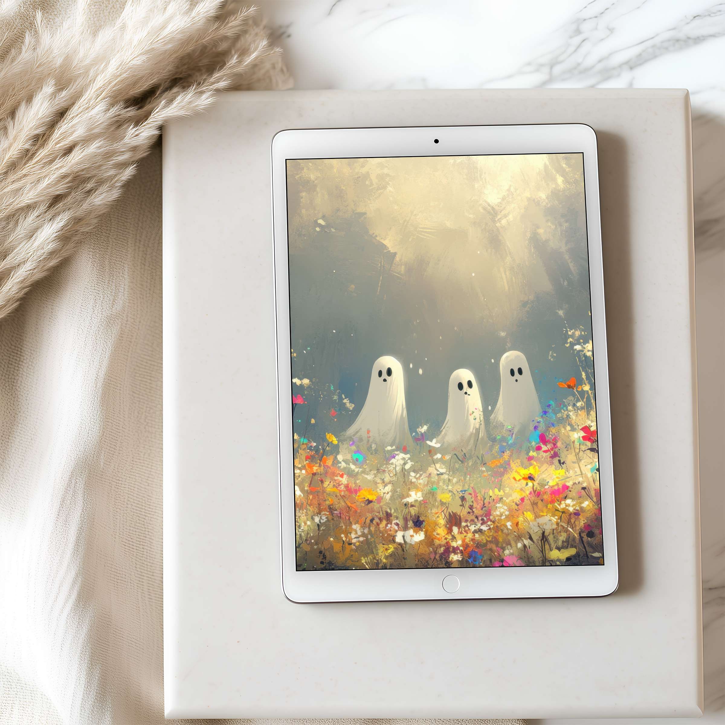 Enchanting ghost-themed tablet wallpaper with warm hues, evoking tranquility and charm; ideal for high resolution iPad and Android screens
