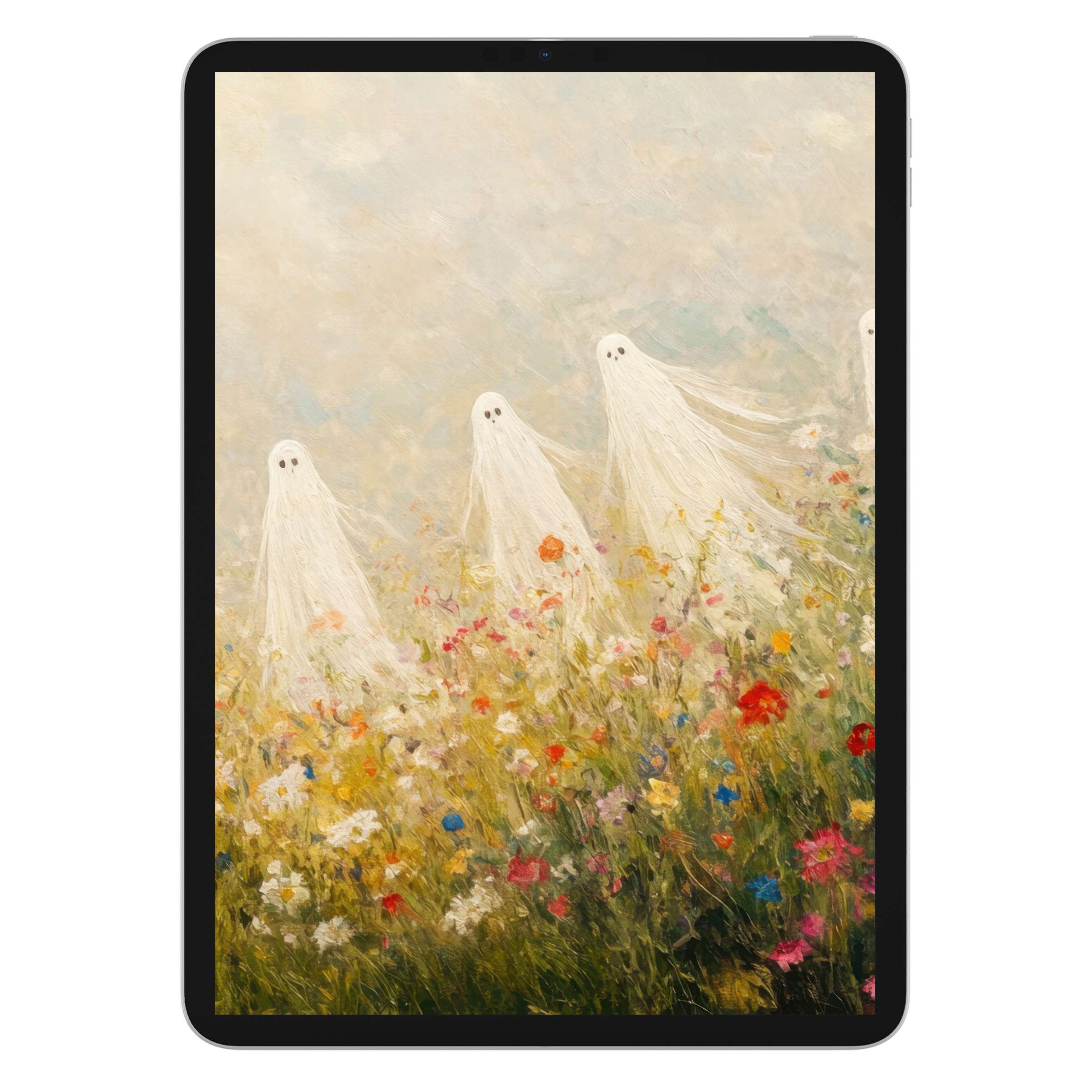 Tranquil halloween iPad wallpaper with ghostly figures in vibrant wildflowers, offering a serene digital download for tablet background users
