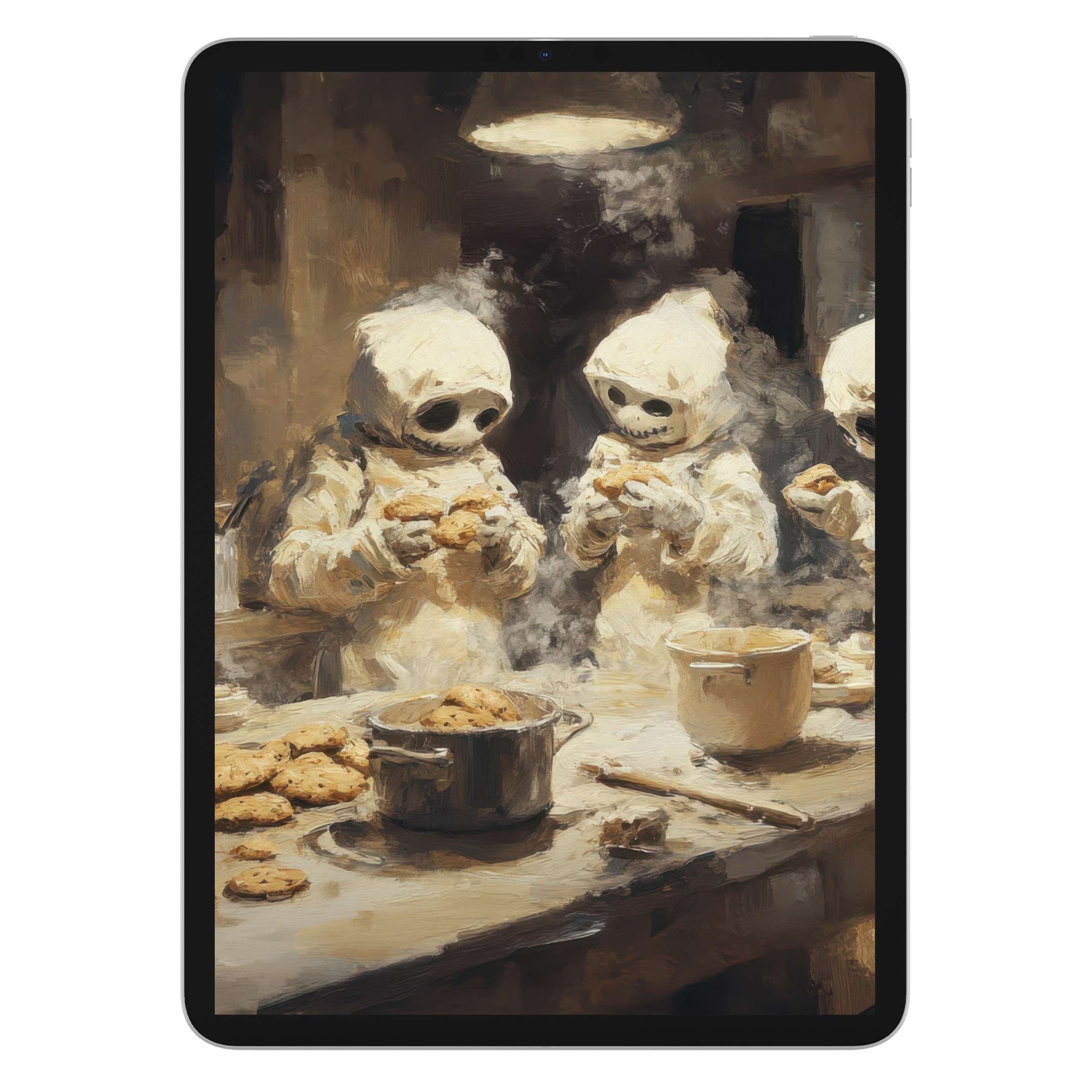 Elegant halloween iPad wallpaper with whimsical mummies baking cookies, perfect digital download background for any tablet screen