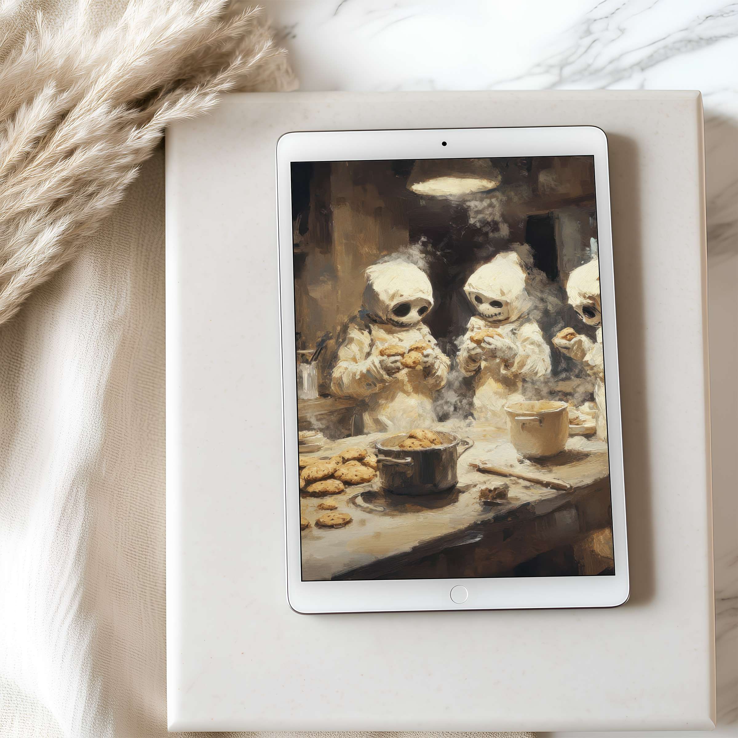 Elegant digital art of whimsical bakers on a tablet wallpaper, perfect for iPad, offering a serene, curated wallpaper experience
