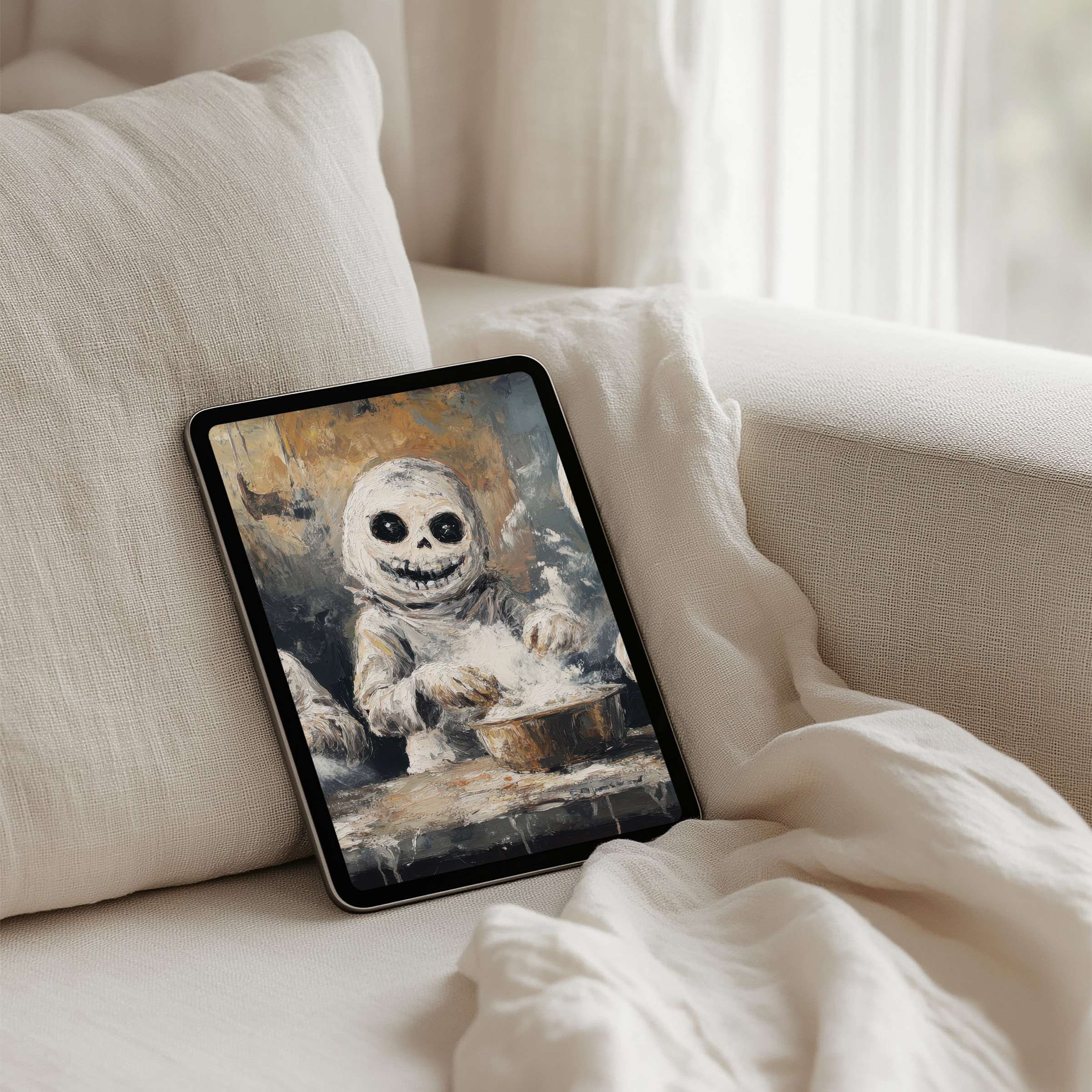 Cozy iPad background for instant download featuring a whimsical ghost baker painted in soft, calming tones perfect for any tablet