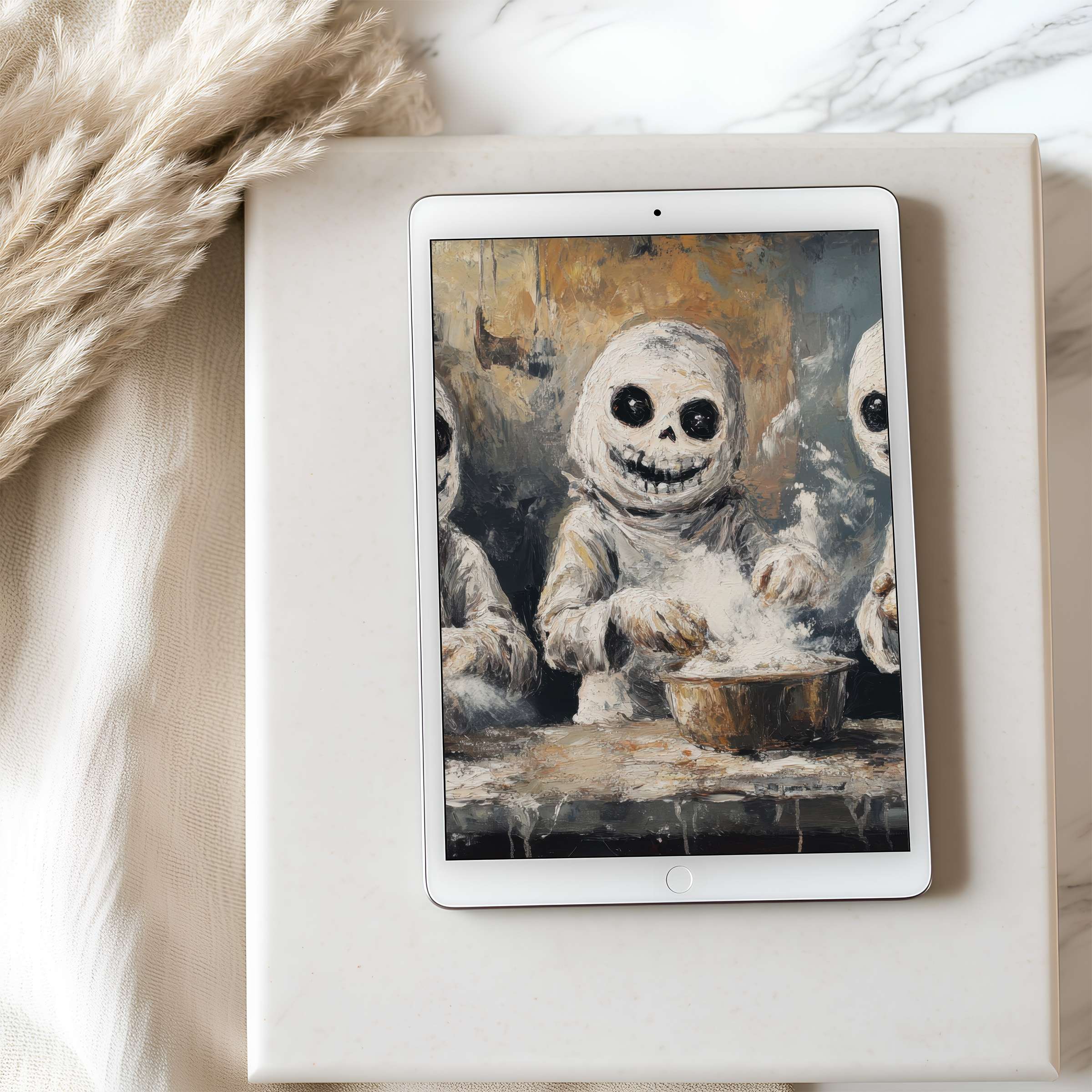 Curated tablet wallpaper featuring whimsical ghostly figures in warm tones offering high-resolution charm for digital download on iPad