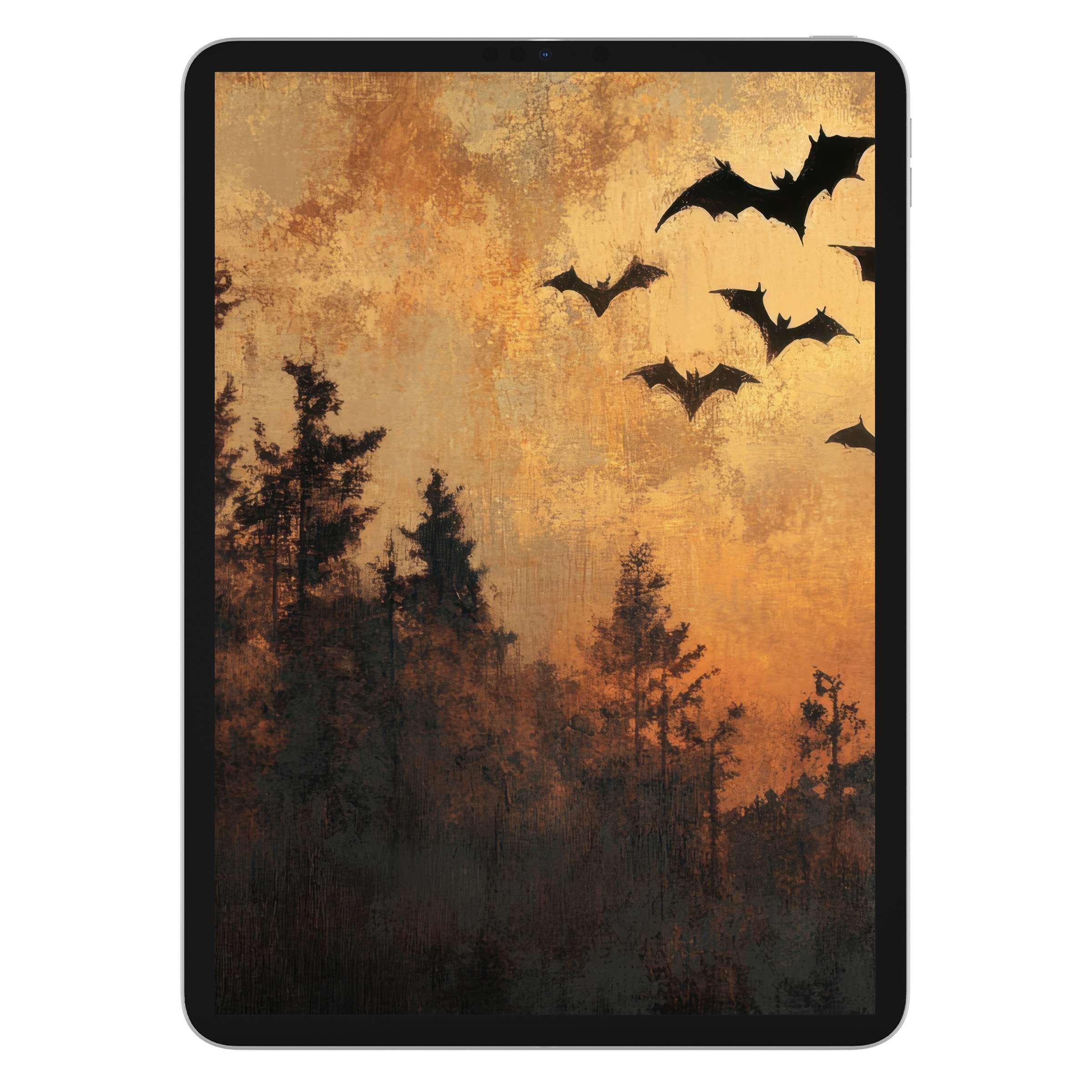 Moody halloween iPad wallpaper features bats soaring over a textured orange sky, ideal digital download background for tablets