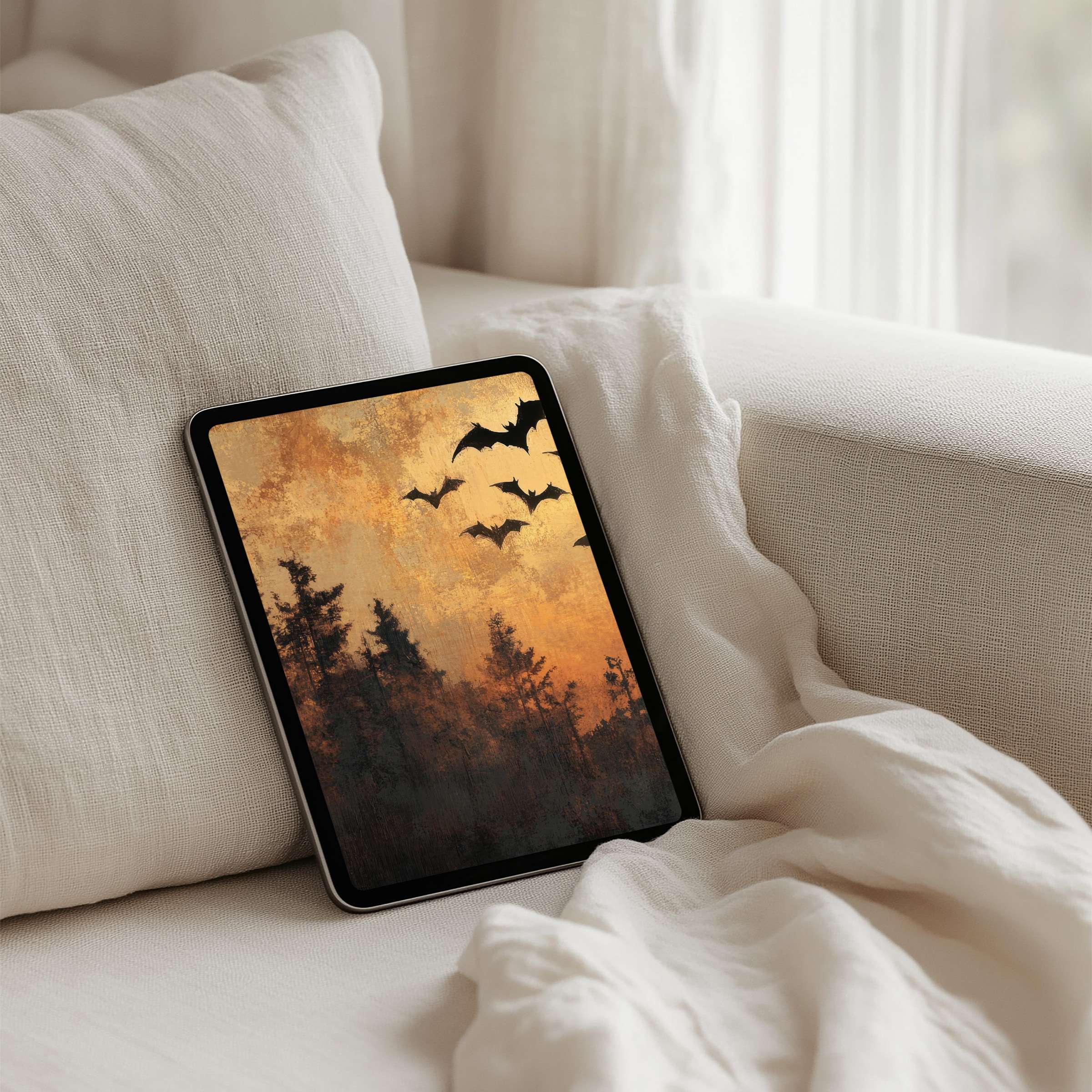 Elegant forest scene with bats at sunset for iPad background, instant download for calm, mindful tablet inspiration
