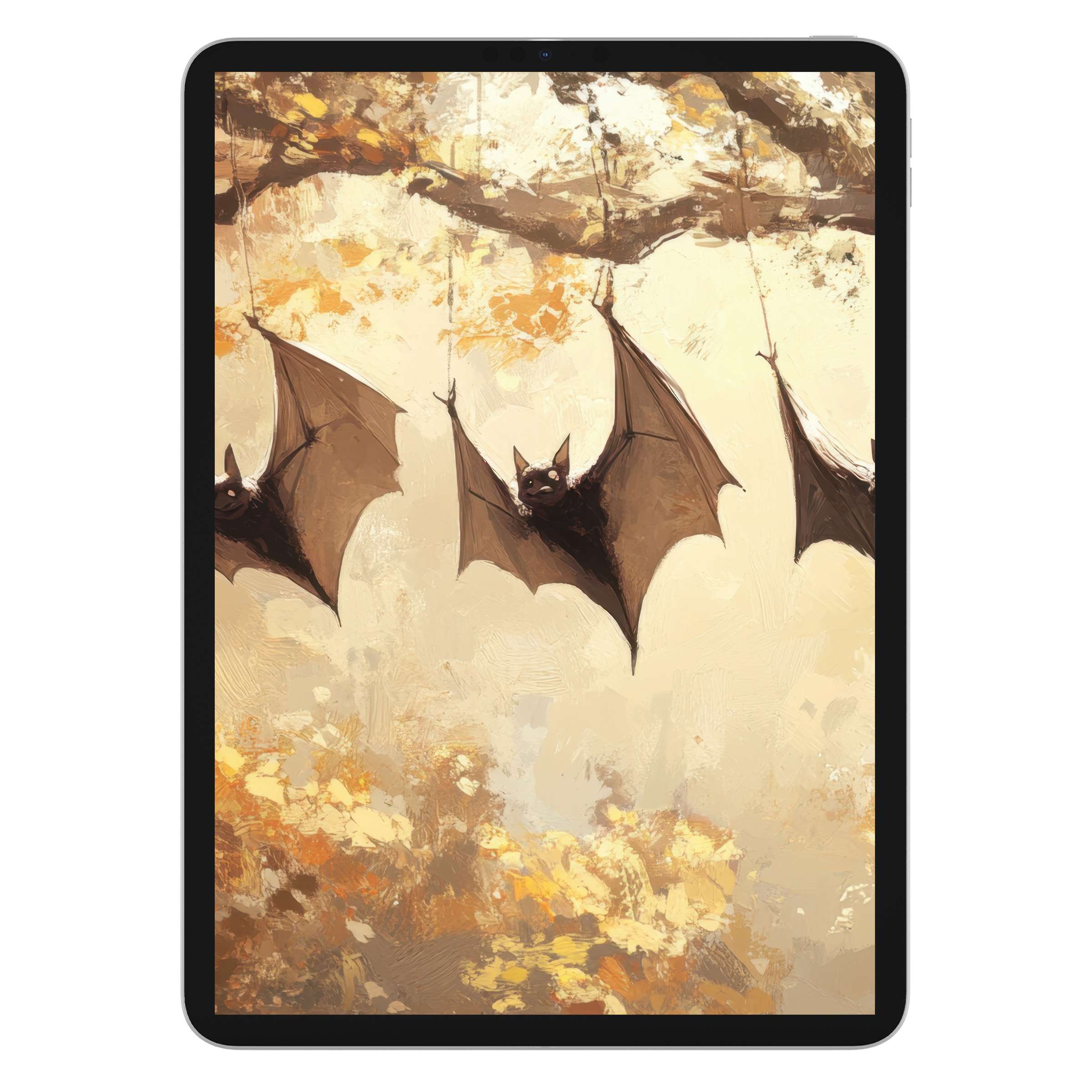 Elegant halloween iPad wallpaper showcasing artistic bats in warm autumn tones offers a serene digital download for tablet backgrounds