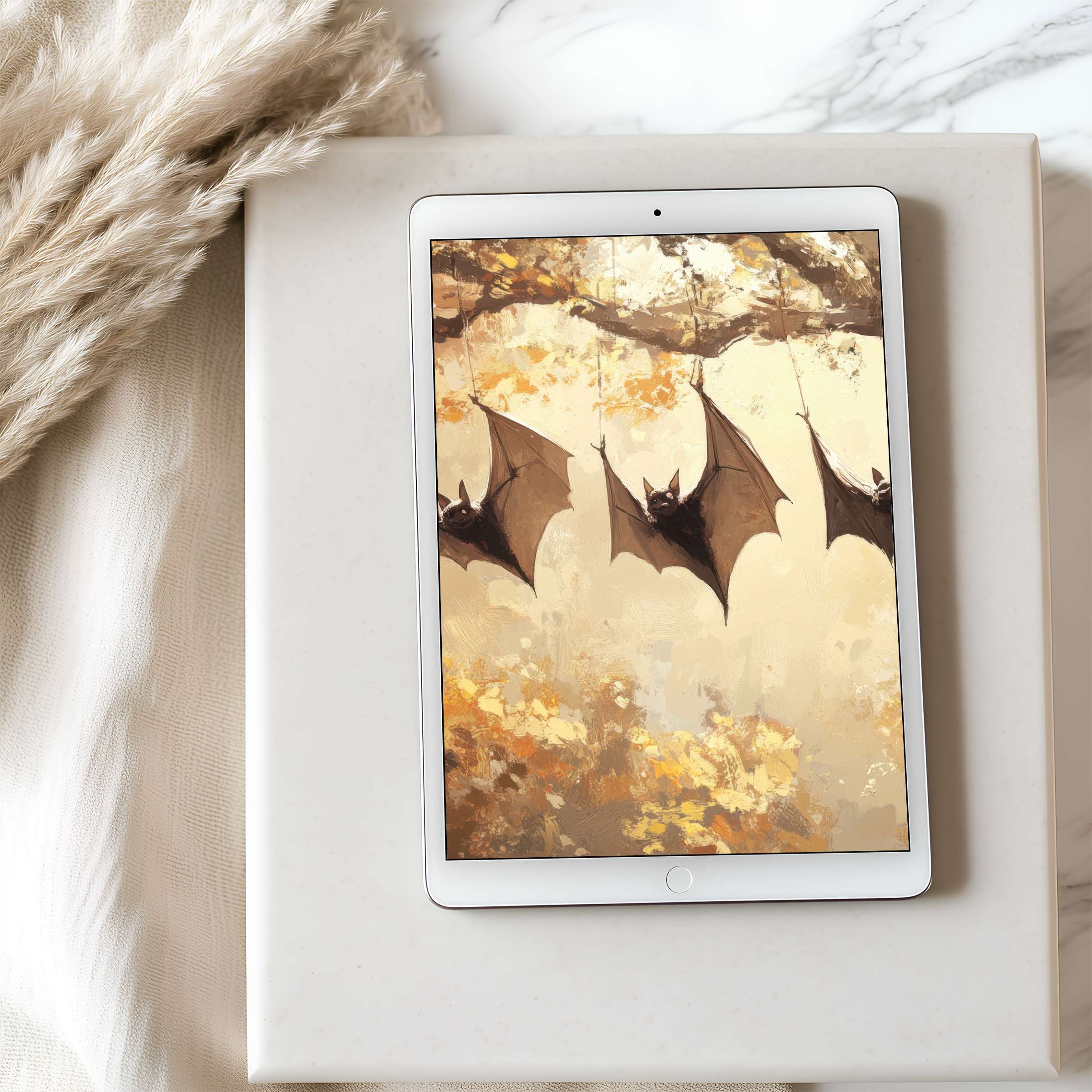 Elegant bat-themed tablet wallpaper art in warm autumn hues, ideal for iPad or Android, offering serenity and high resolution
