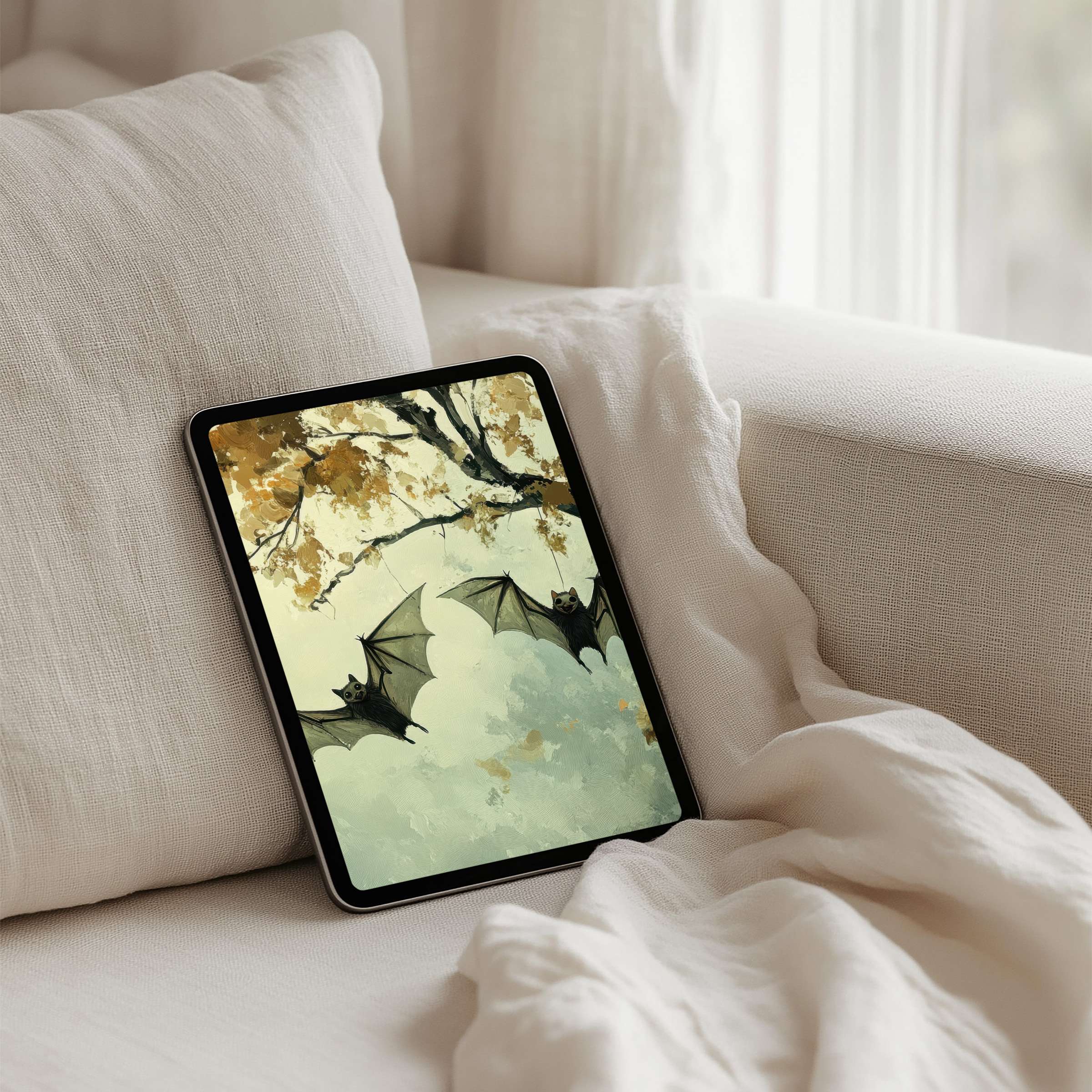 Elegant iPad background with serene bat illustration evokes calm and inspiration perfect for tablet users seeking instant download