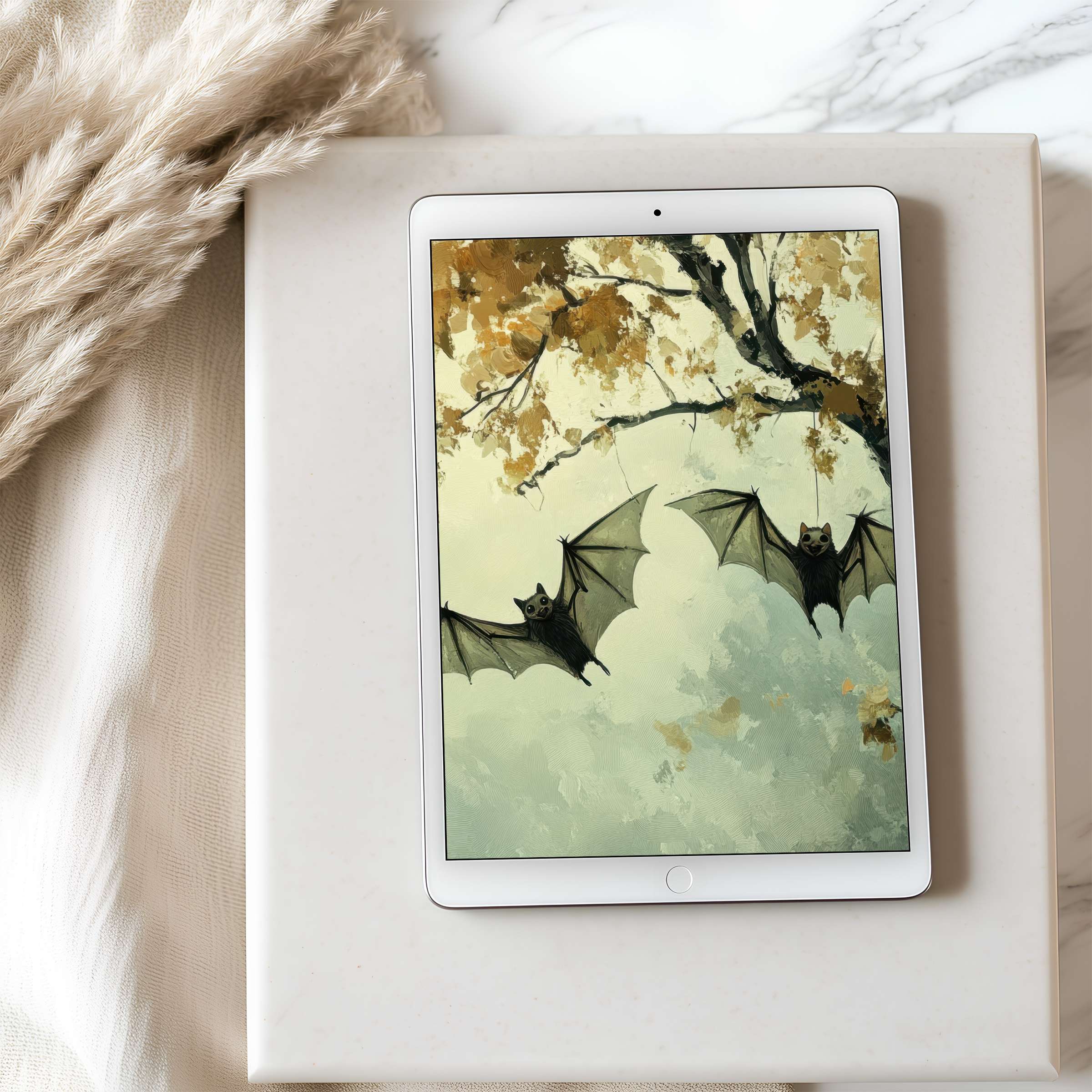 Elegant digital art of two bats under autumn leaves offers a calming tablet wallpaper in high resolution for iPad and Android users