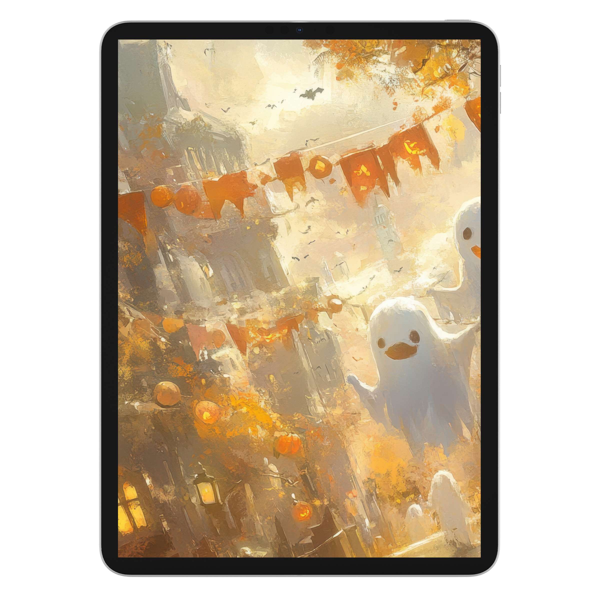 Dreamy halloween iPad wallpaper with whimsical ghosts and warm autumn tones, perfect digital download for tablet background charm