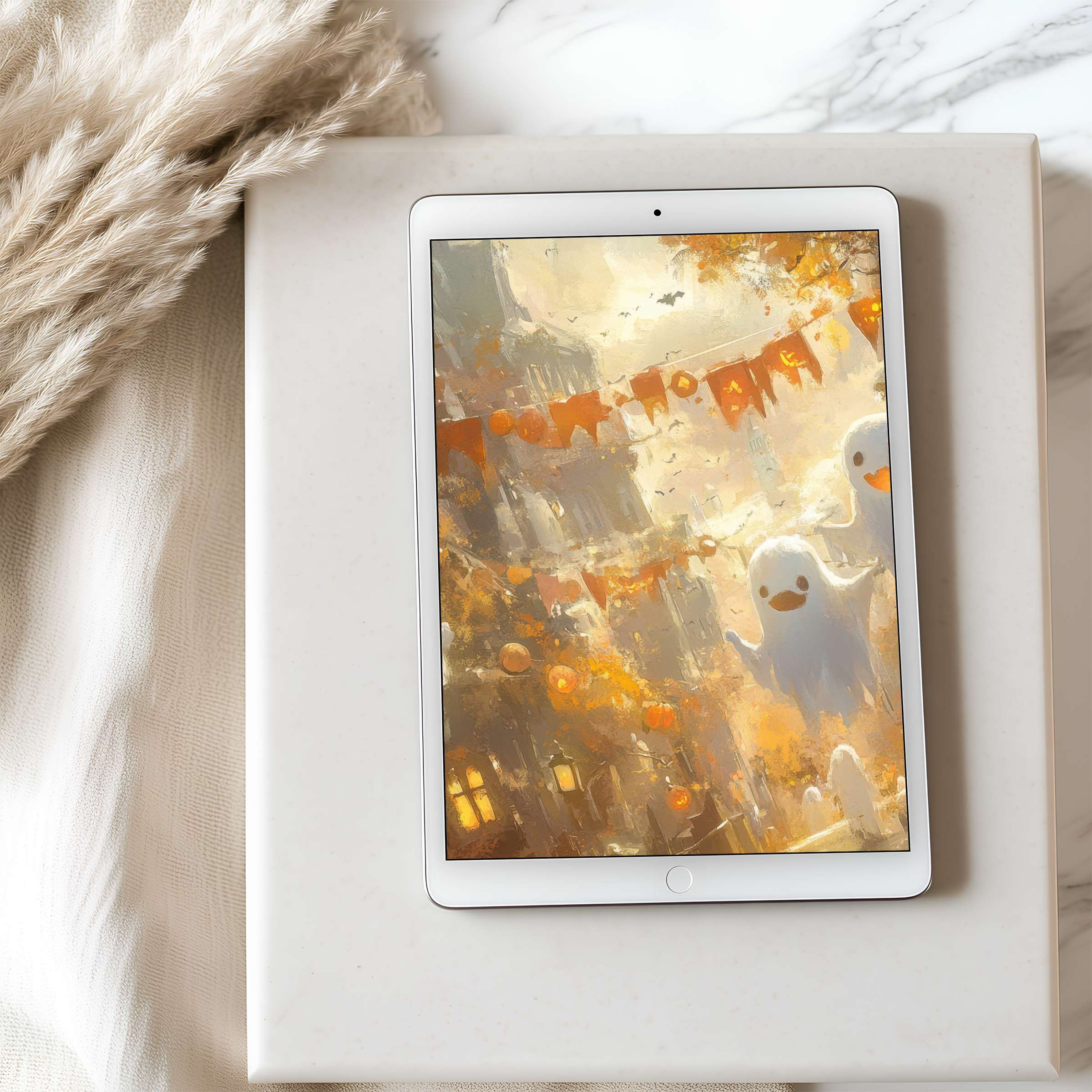 Elegant fall-inspired tablet wallpaper showcasing whimsical ghosts in warm autumn tones perfect for iPad high resolution digital download