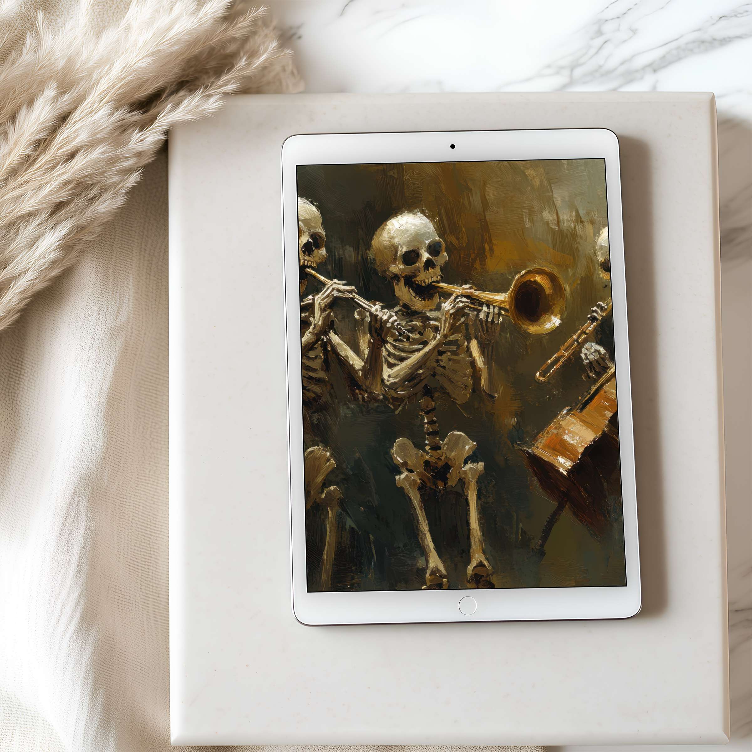 Evoke tranquility with this curated high-resolution tablet wallpaper featuring elegant skeleton musicians for iPad and Android tablets