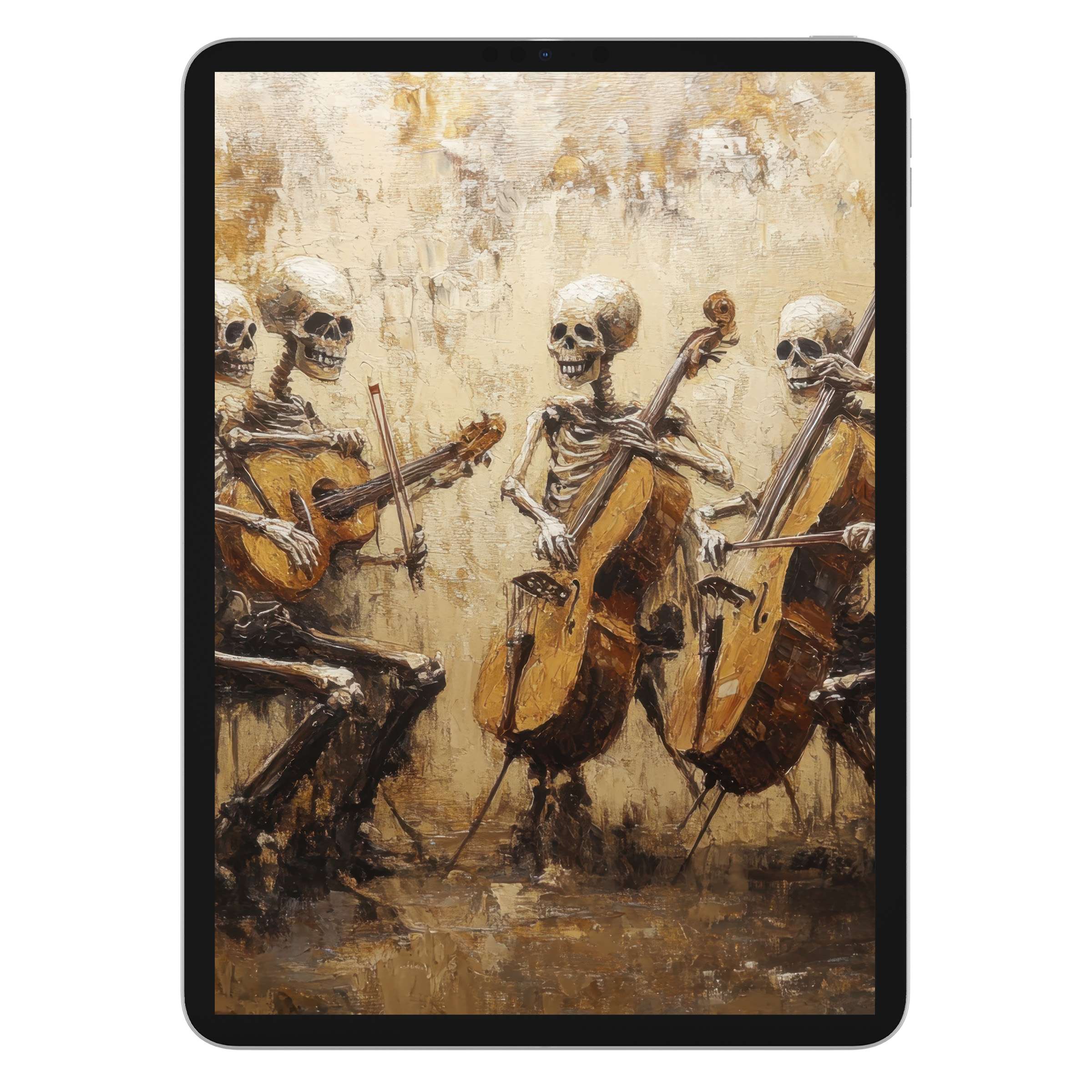 Elegant halloween iPad wallpaper featuring skeletons playing string instruments in a warm, textured digital download for tablet background