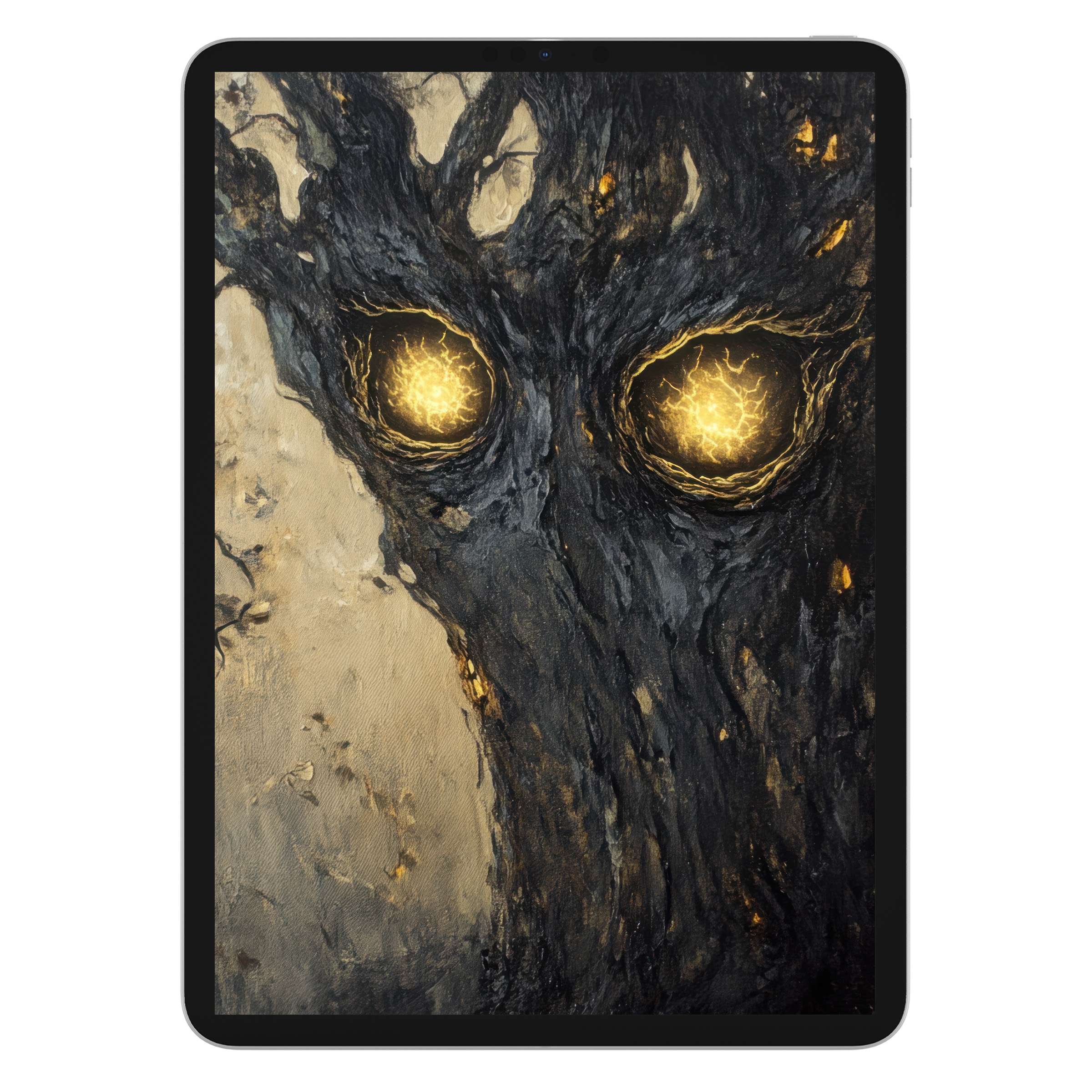 Halloween iPad wallpaper with glowing eyes on a dark tree texture, perfect background for tablet, digital download available now