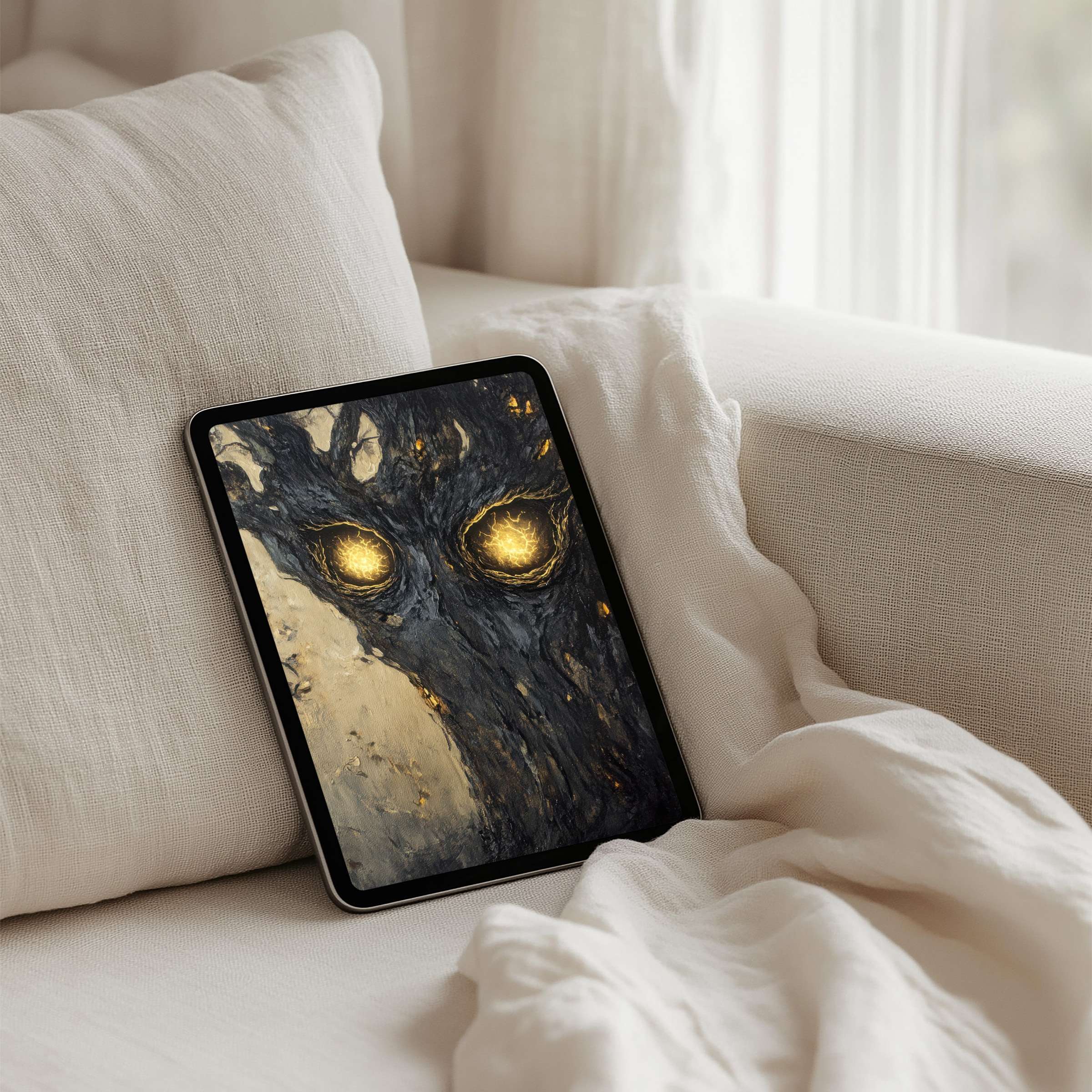 Ethereal iPad background featuring mystical golden eyes in abstract art for instant download on any tablet serene and elegant atmosphere