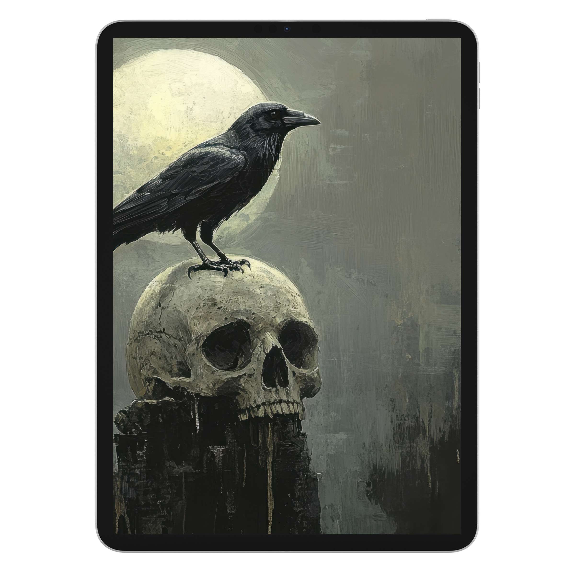 Eerie halloween iPad wallpaper with a raven perched on a skull under the moonlight, perfect digital download for tablet background ambiance