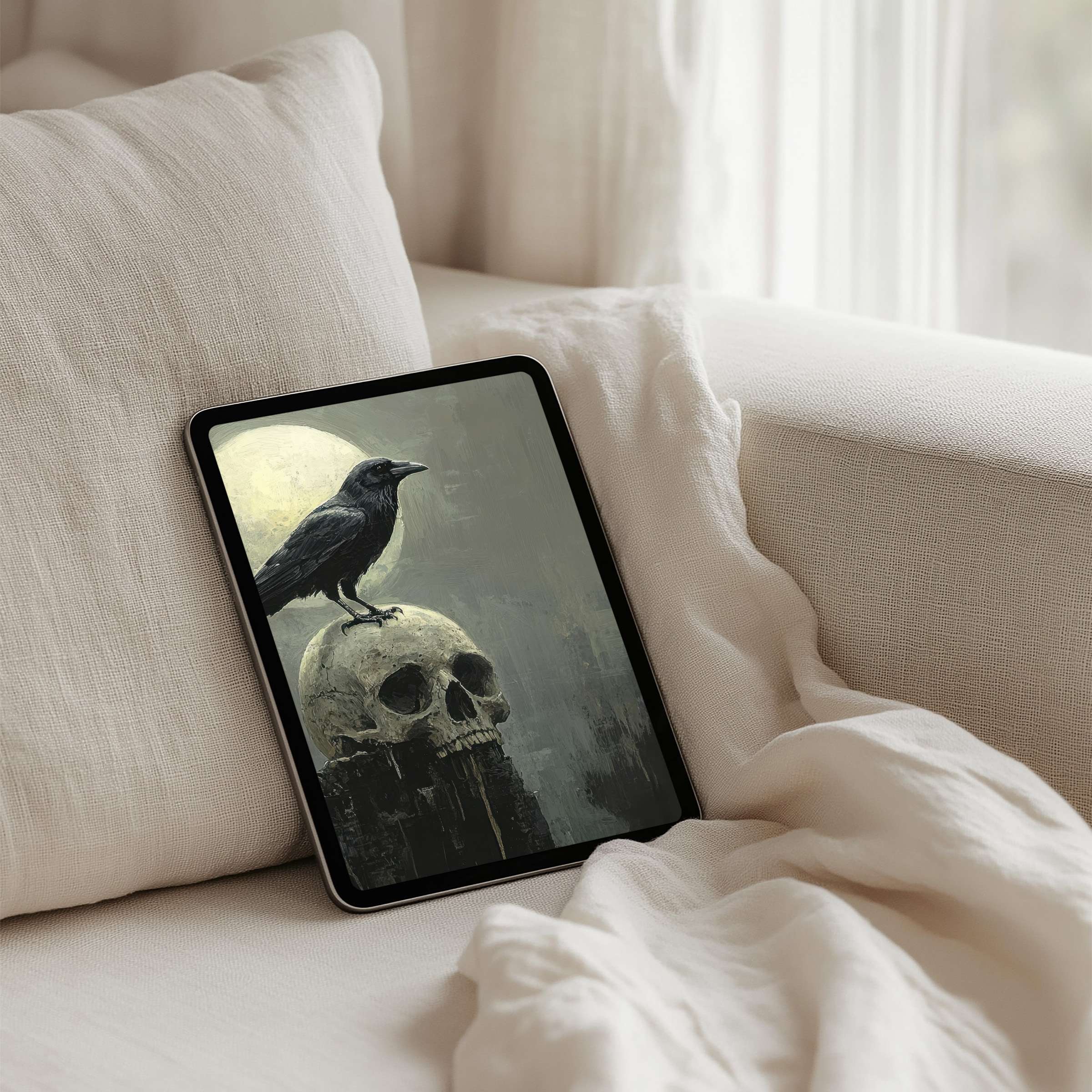 Elegant iPad background featuring a raven on a skull evokes calm inspiration; instant download fits all tablets for mindful design