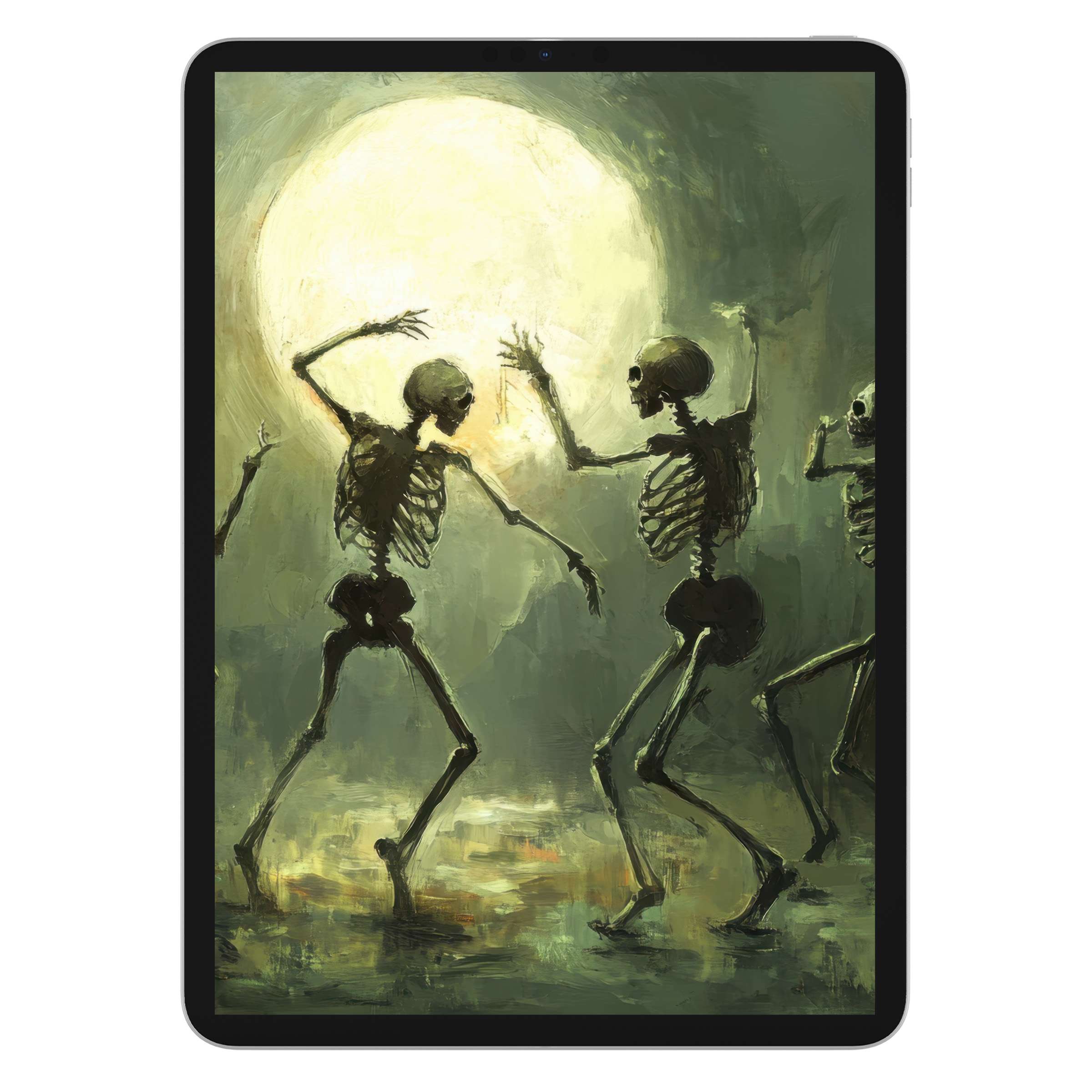 Halloween iPad wallpaper featuring dancing skeletons under a glowing moon, perfect digital download background for tablets and design elegance