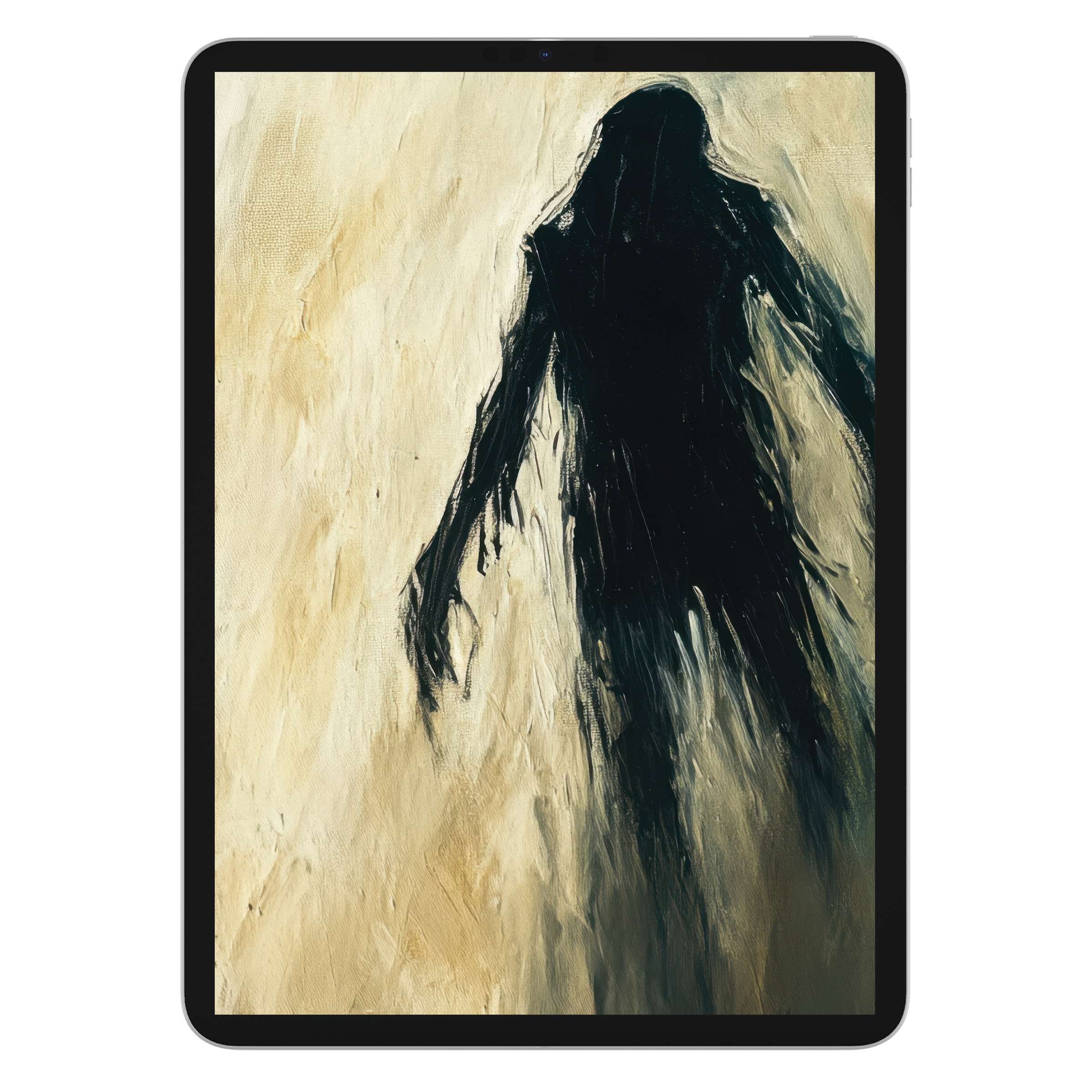 Eerie halloween iPad wallpaper with abstract dark silhouette against textured background suitable for tablet digital download