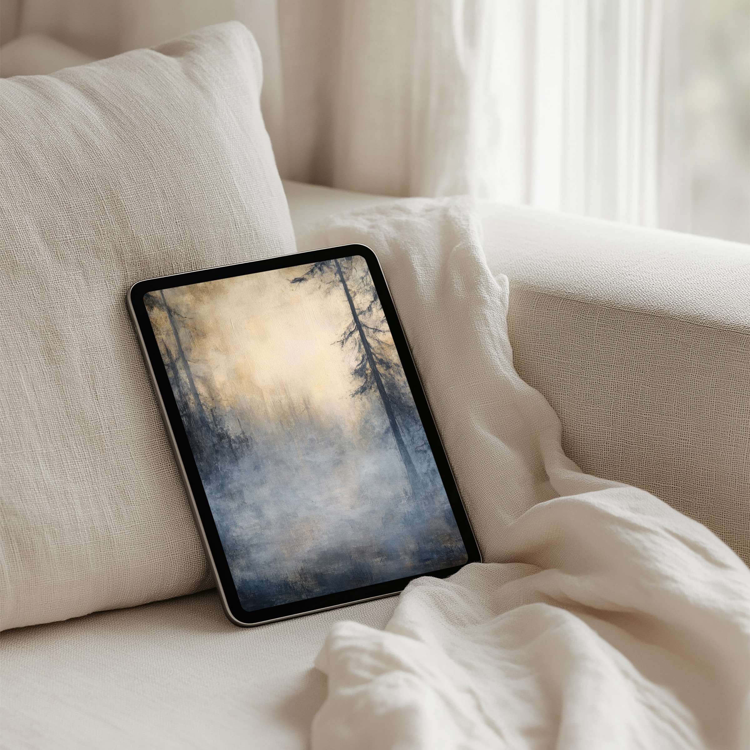 Elegant forest mist iPad background enhances mindfulness, fits perfectly on any tablet for instant download, inspiring calm elegance