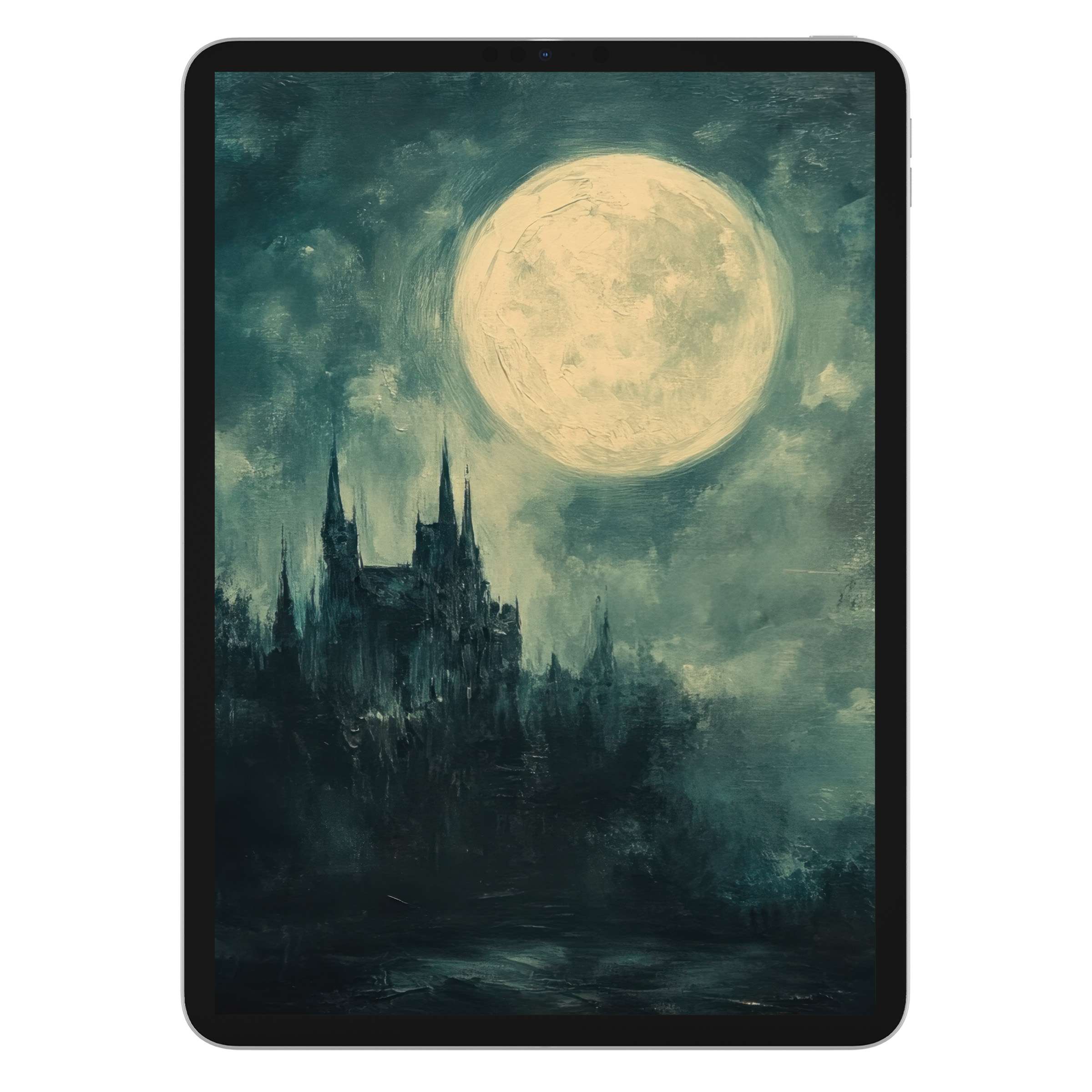 Ethereal halloween iPad wallpaper with a gothic castle under a luminous full moon, ideal digital download for tablet background elegance