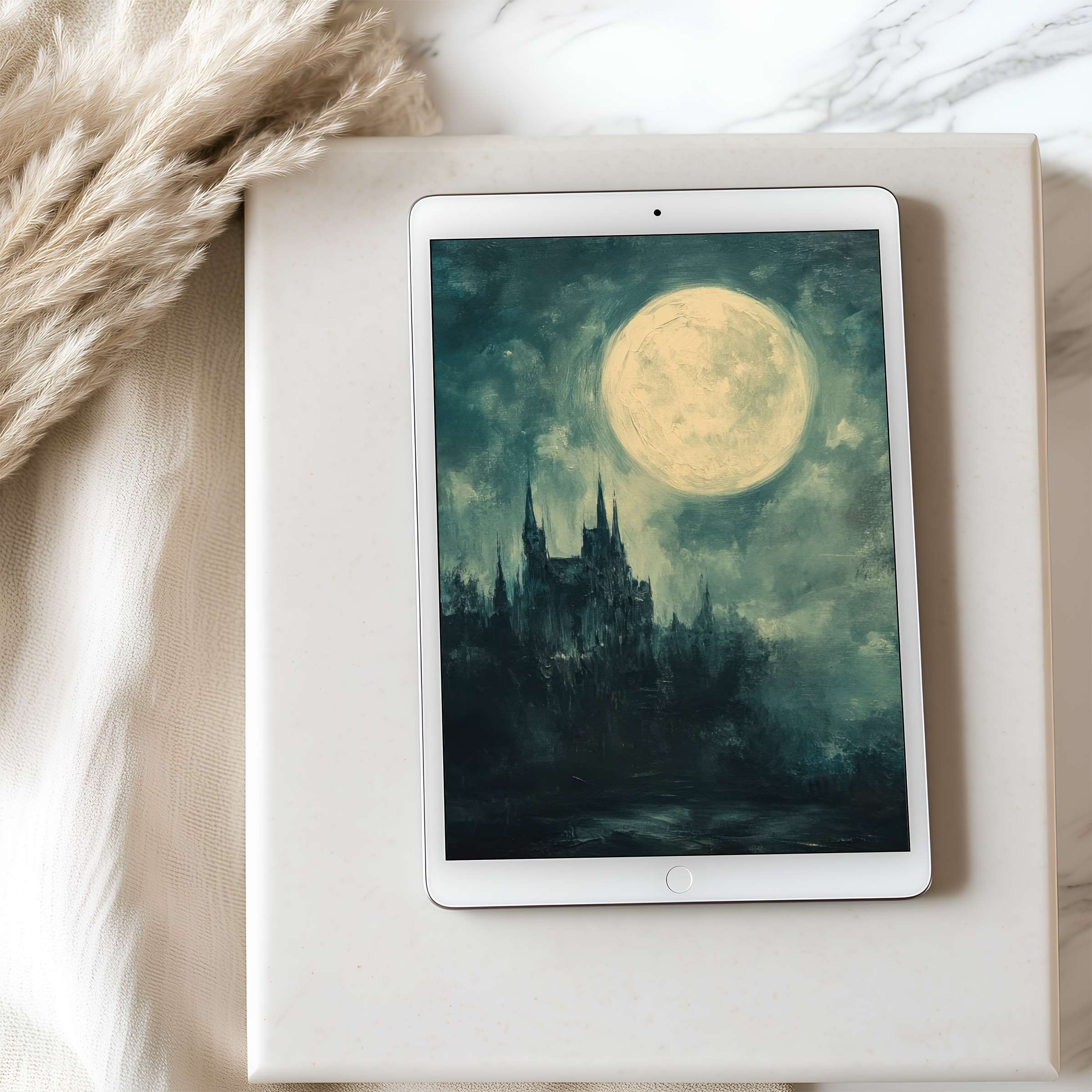 Enchanting tablet wallpaper of a moonlit castle in calming hues, perfect for iPad and Android tablets, elevates interior spaces