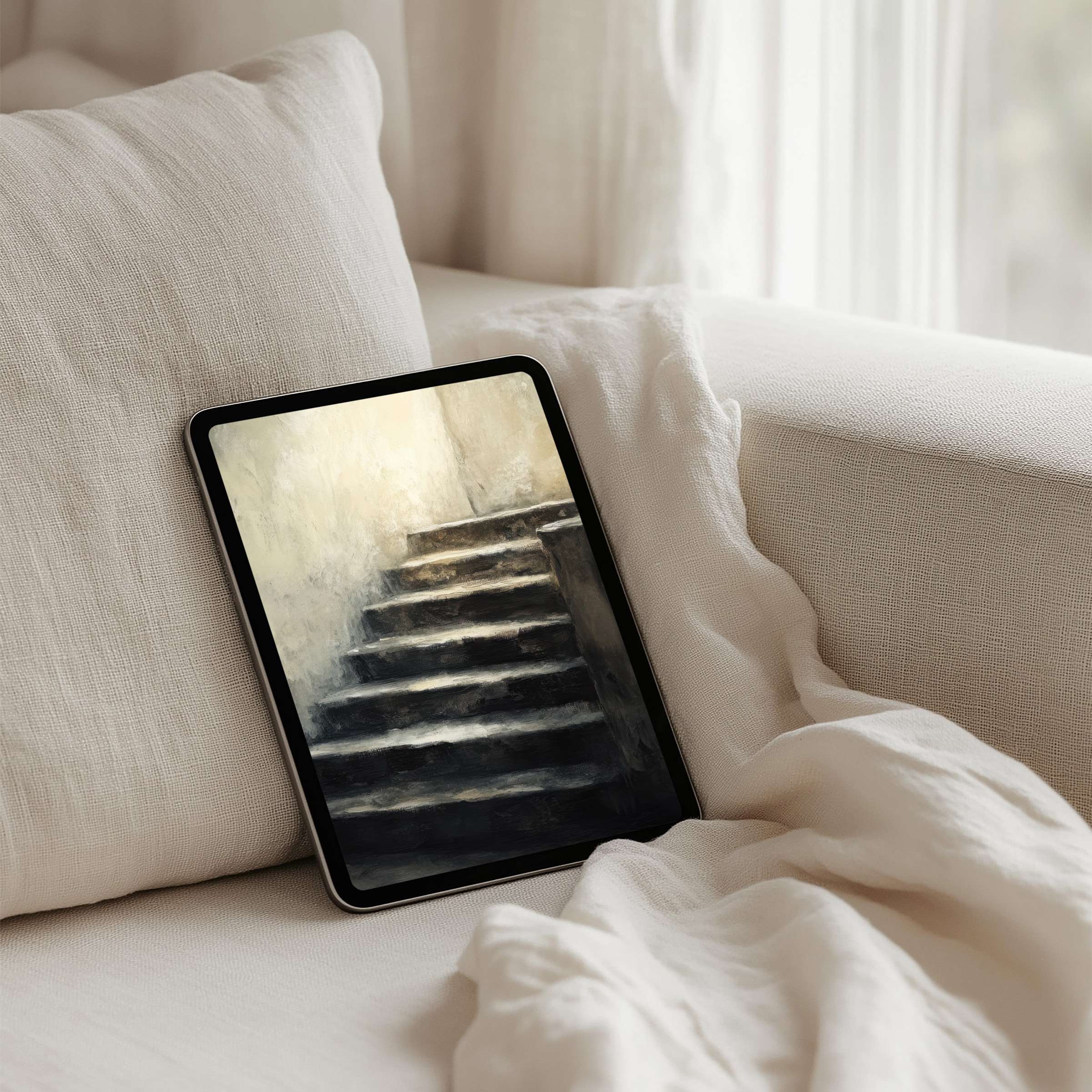 Elegant iPad background depicting serene stairs in soft hues perfect for instant download and mindfulness on any tablet