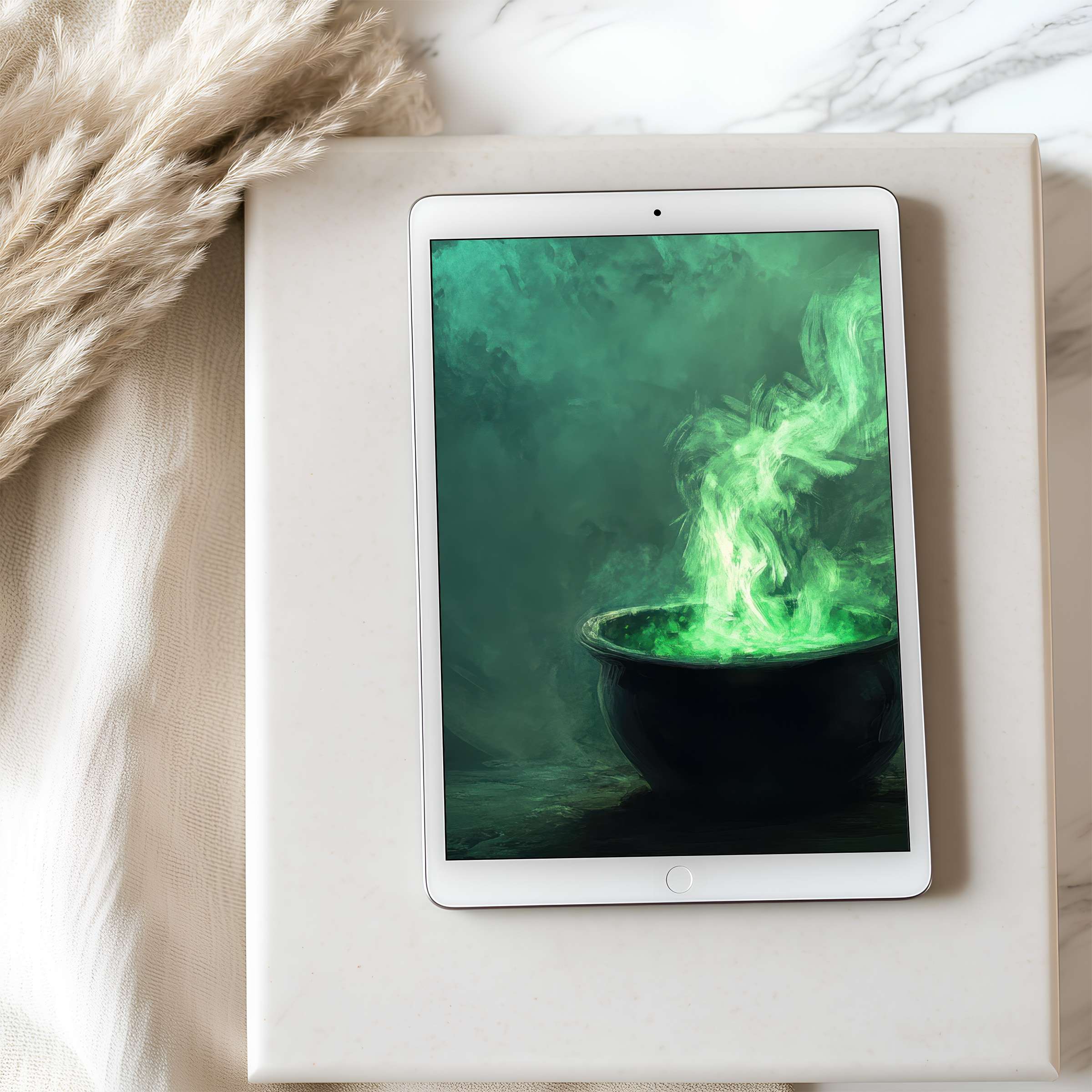 Elegant green-themed tablet wallpaper with a mystical cauldron motif, perfect for high-resolution iPad or Android digital download