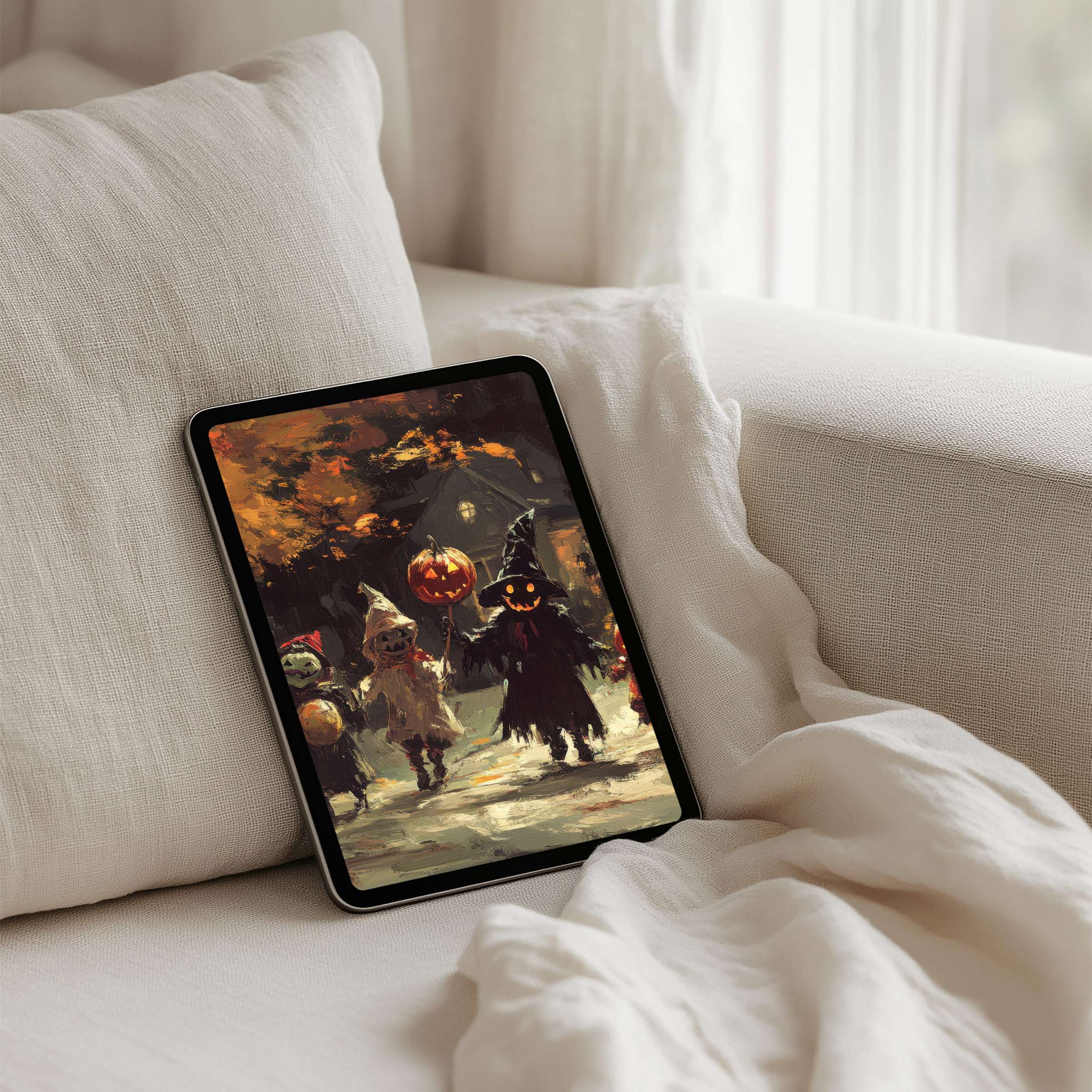 Cozy Halloween iPad background for instant download evokes calm elegance with warm hues for any tablet user seeking inspiration
