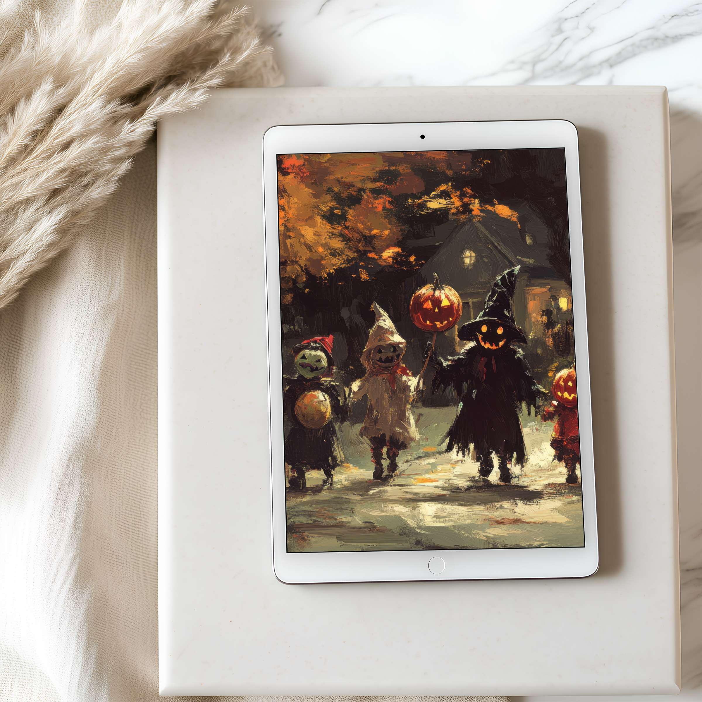 Enchanting tablet wallpaper featuring whimsical Halloween scene, perfect for iPad or Android download, blending art with serene elegance