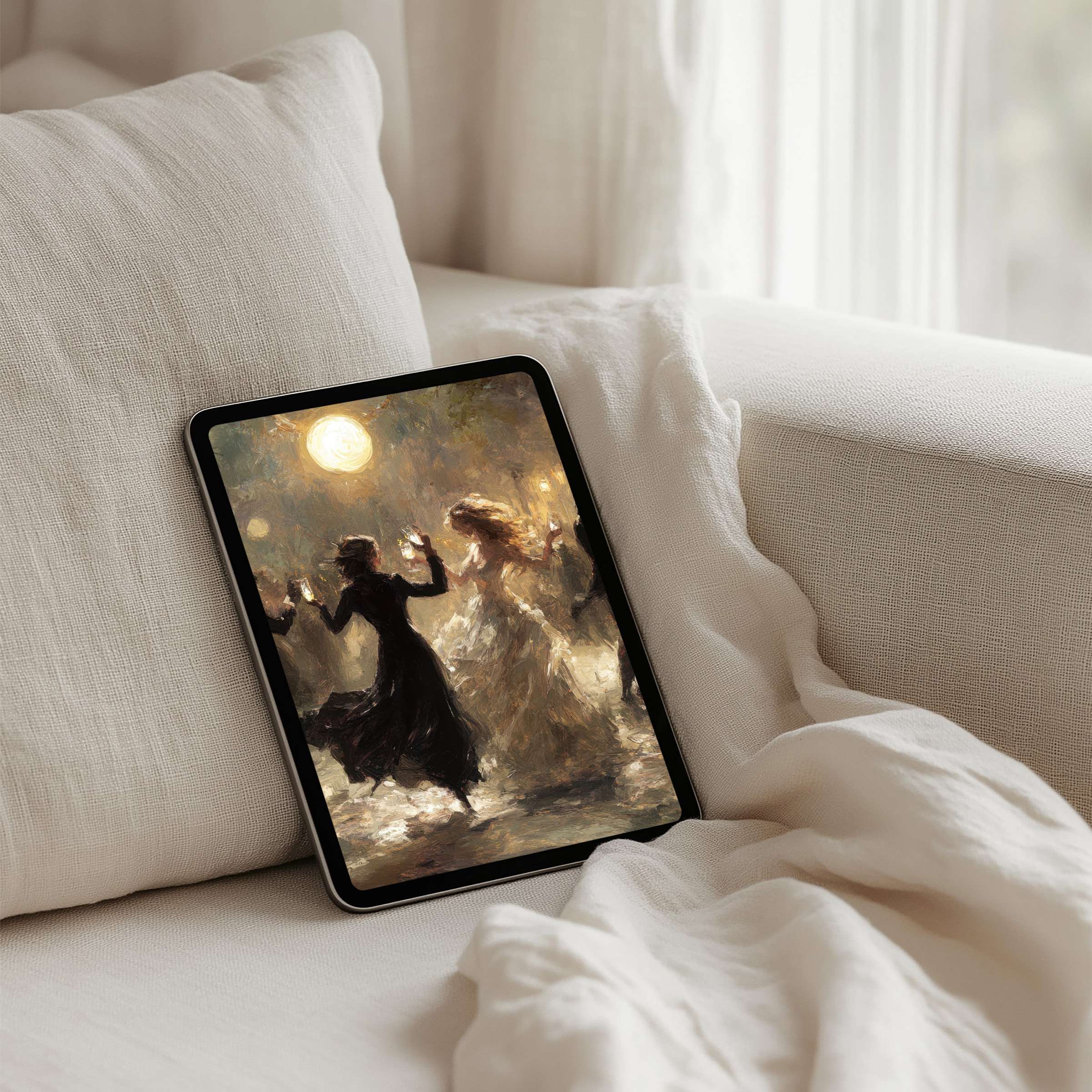 Elegant iPad background with an impressionist painting of dancers under moonlight available for instant download to fit any tablet