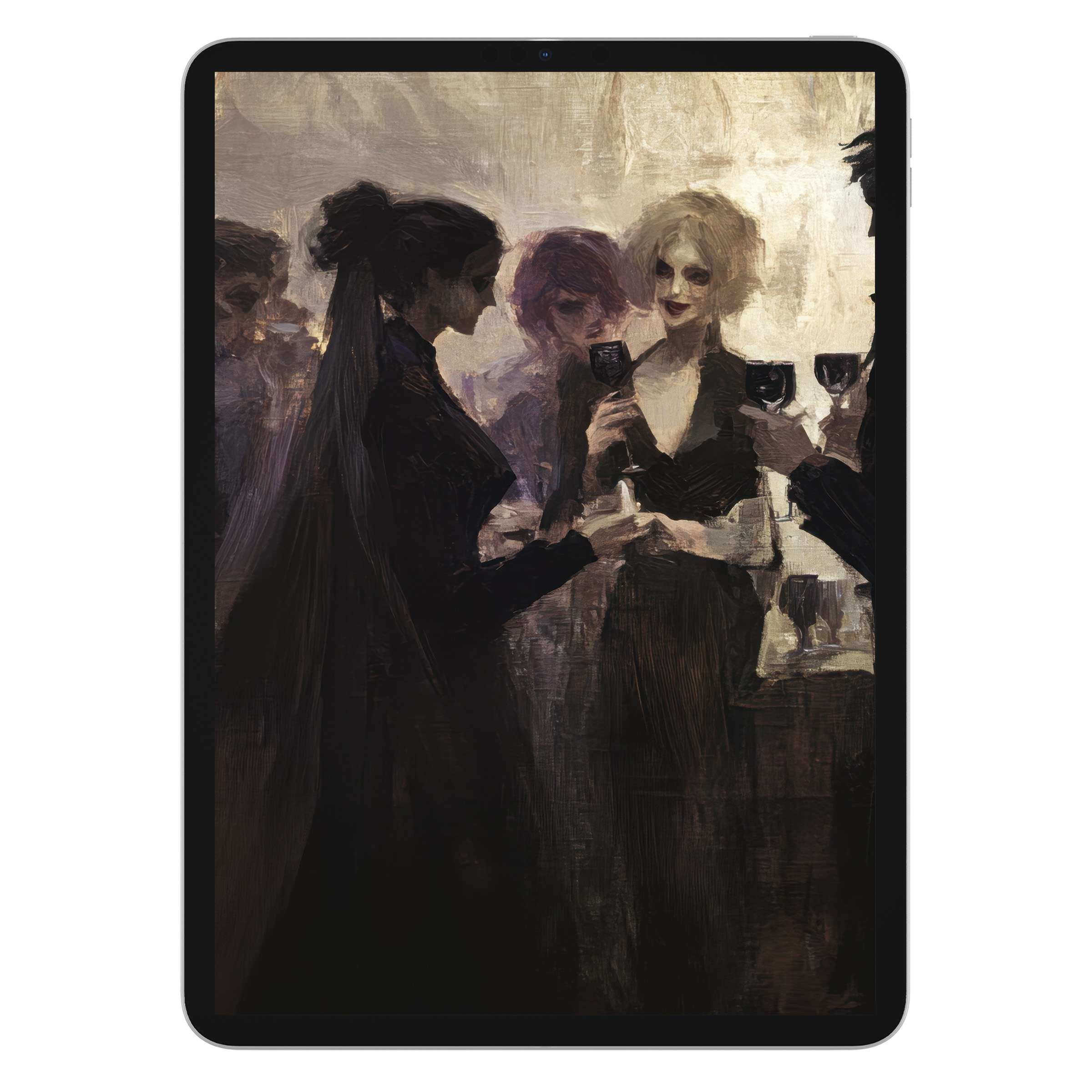 Elegant digital download of halloween iPad wallpaper with moody tones and painterly style for tablet background ambiance