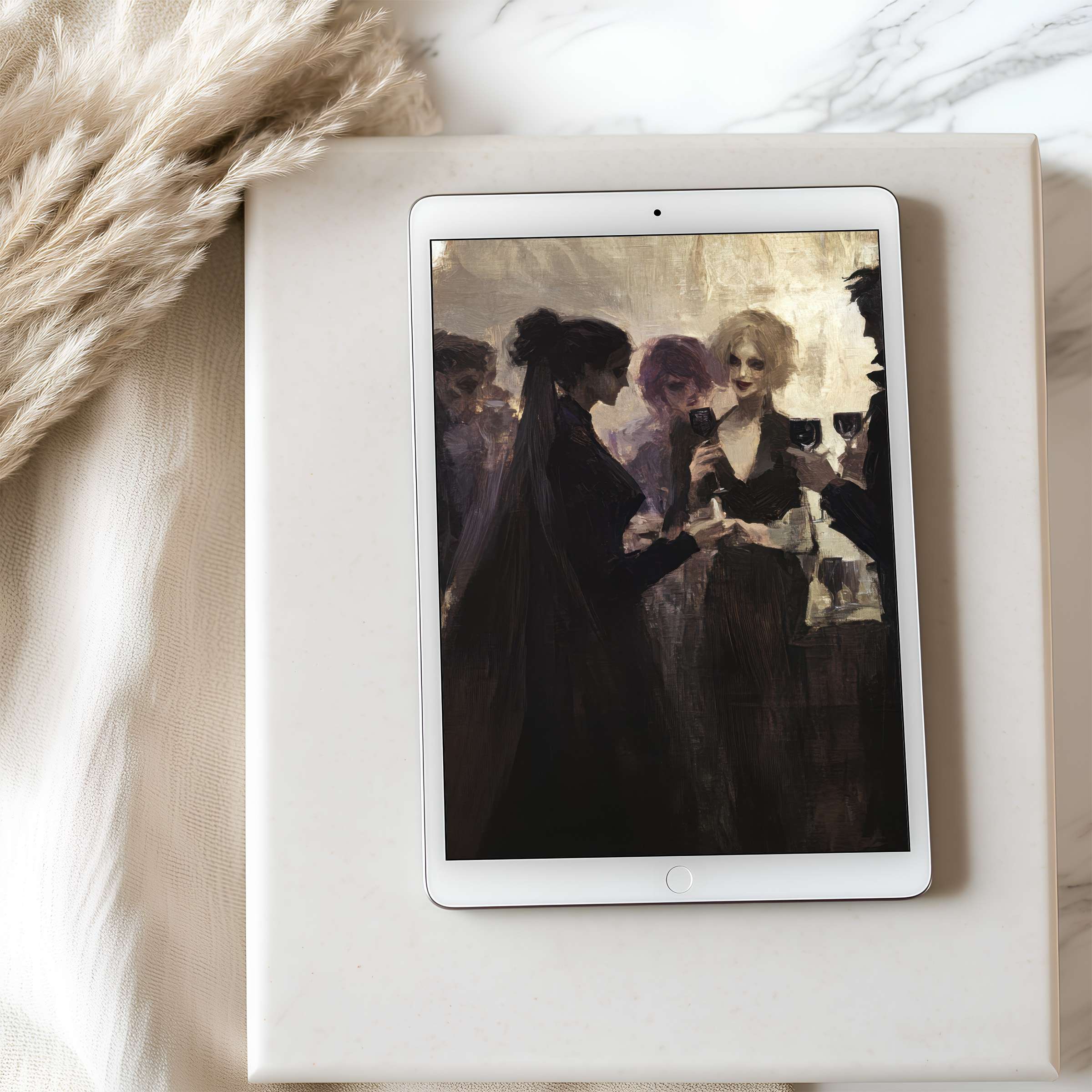 Elegant digital painting in muted tones as tablet wallpaper for iPad, adding artistic serenity to your curated, tranquil space