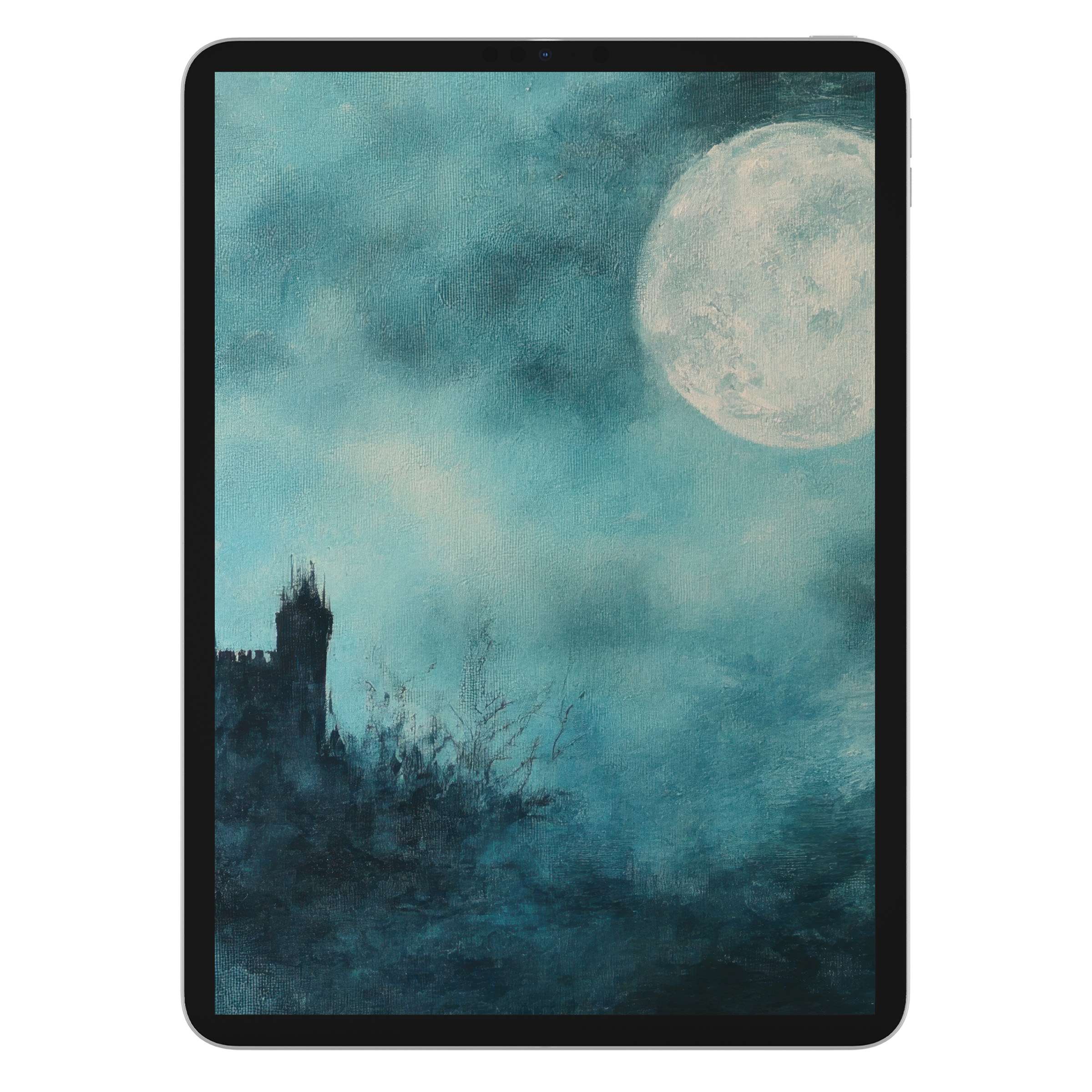 Enchant your screen with a halloween iPad wallpaper featuring a serene castle moonlit night digital download for tablet background