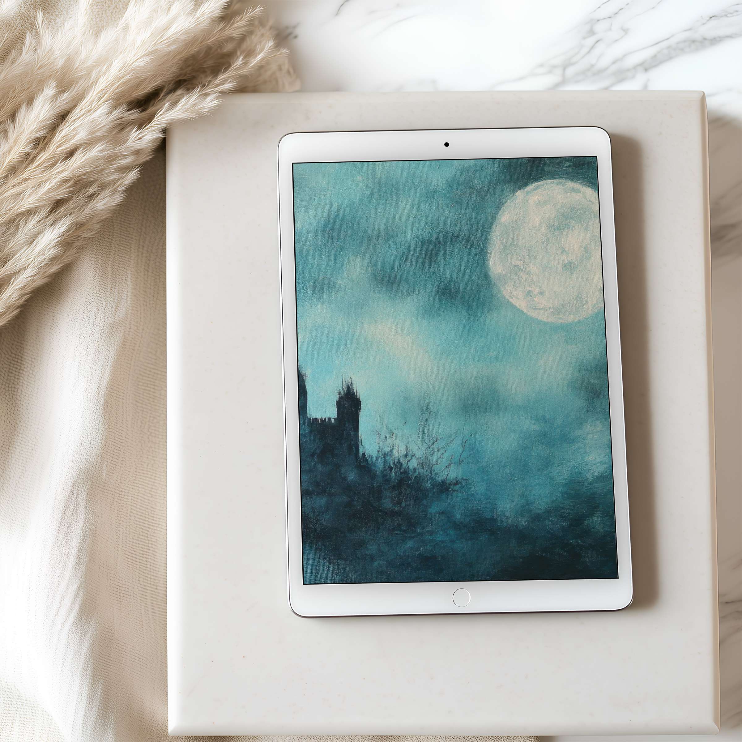 Dreamy night sky tablet wallpaper featuring a mystical dark castle and moon in teal hues perfect for high-resolution digital download