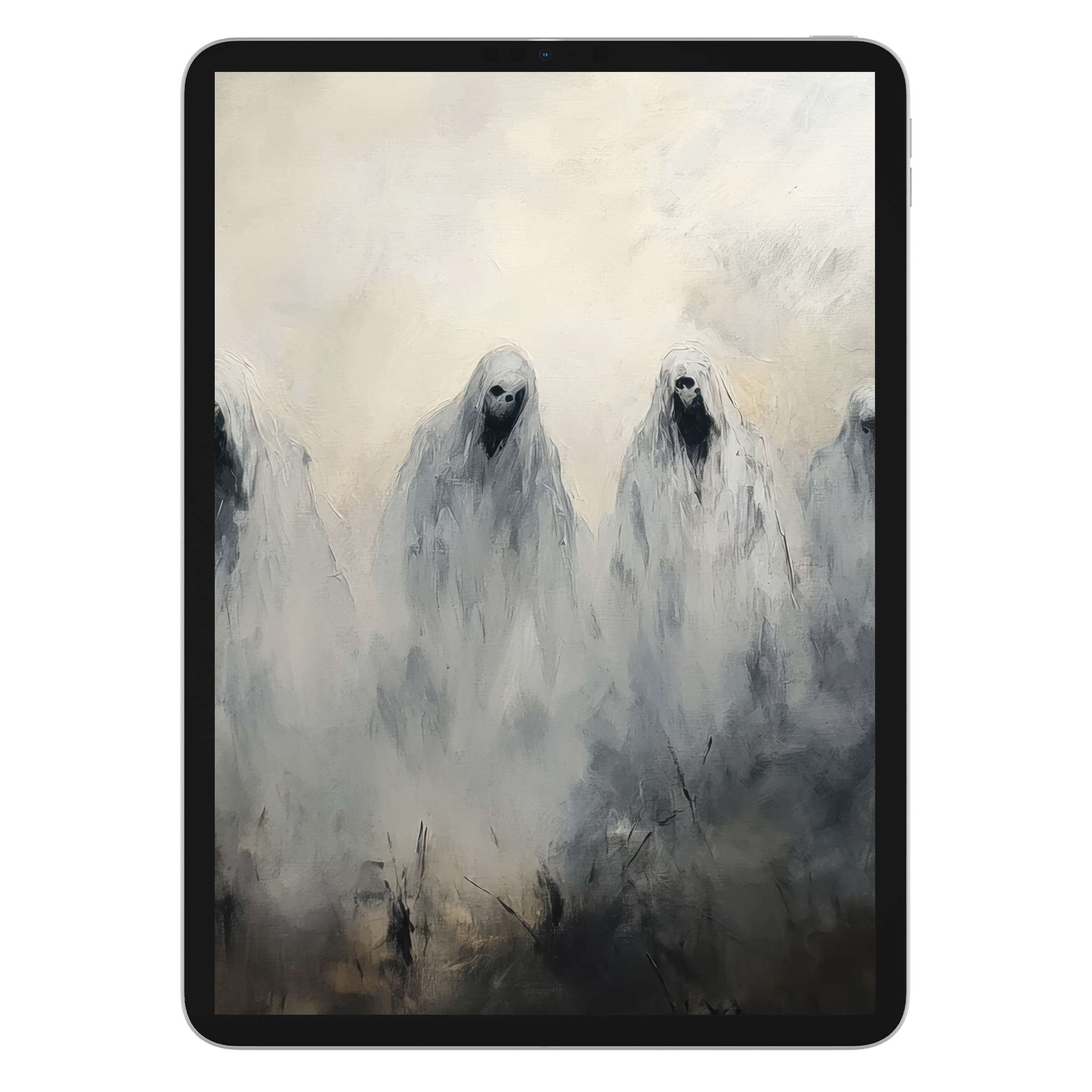 Ethereal ghostly figures in misty hues create an evocative halloween iPad wallpaper perfect for a calming tablet background digital download