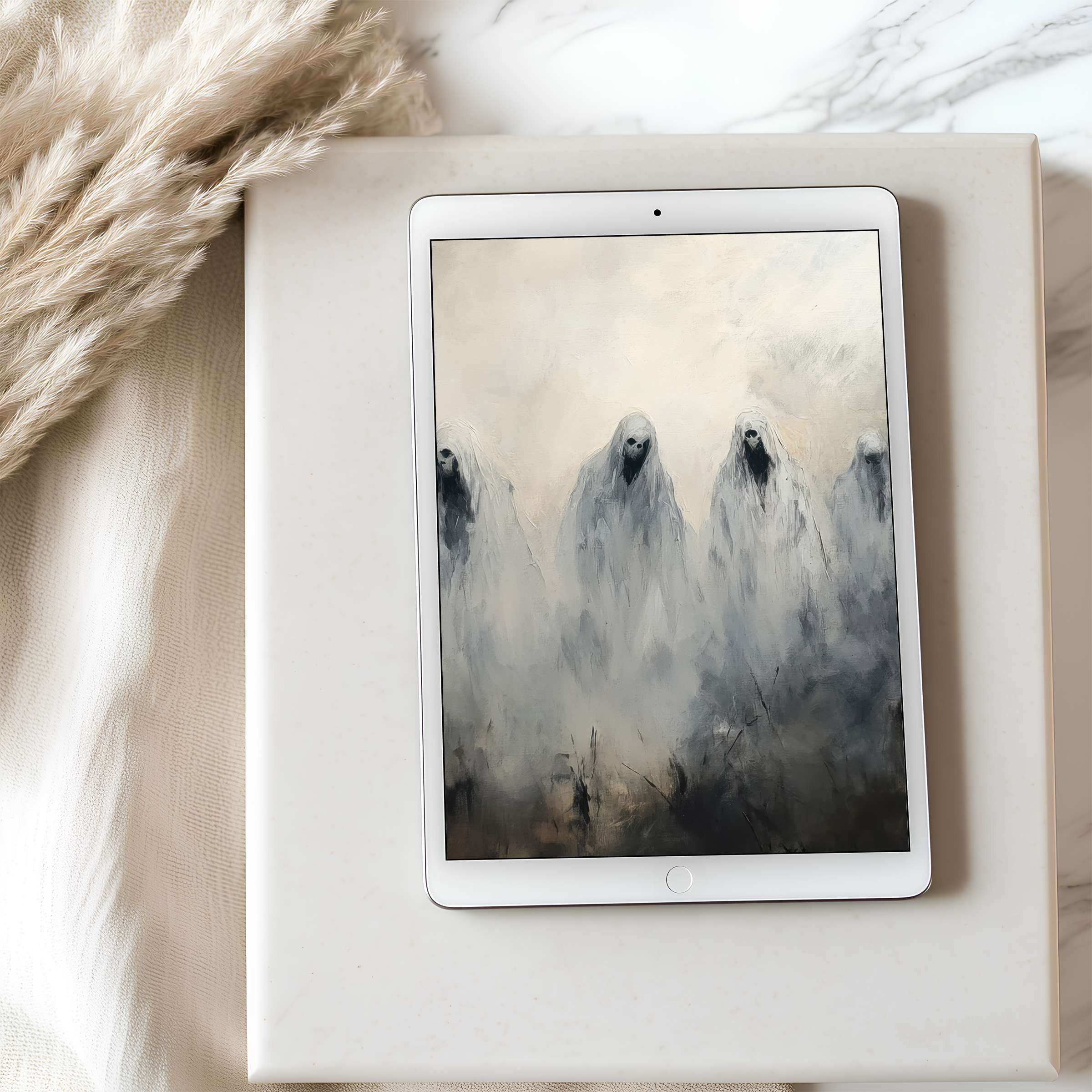 Elegant digital art featuring ethereal figures in misty grays, perfect for a calming tablet wallpaper on iPad or Android, high resolution download