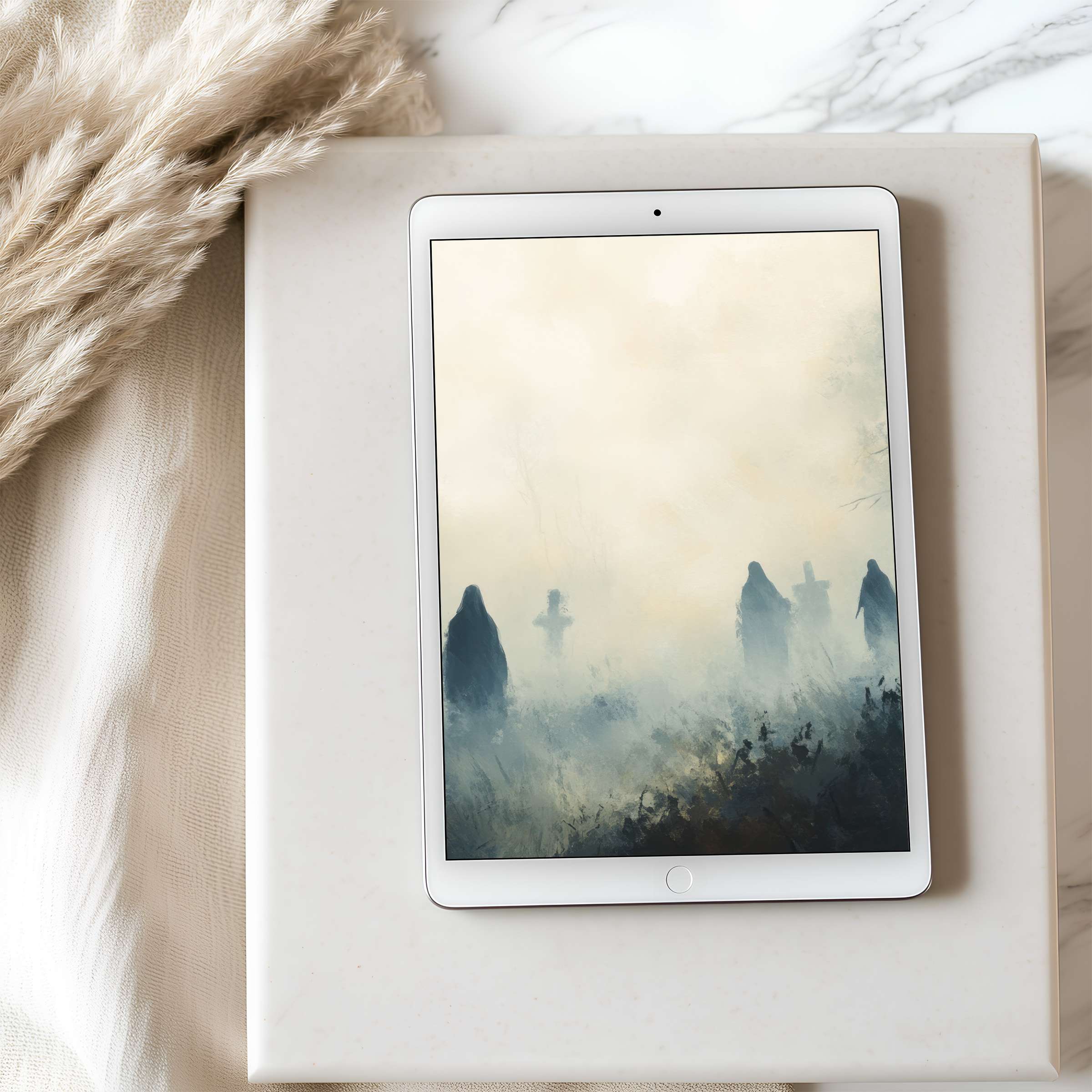 Elegant misty landscape artwork as a tablet wallpaper, creating a serene ambiance on high resolution screens for iPad or Android tablets